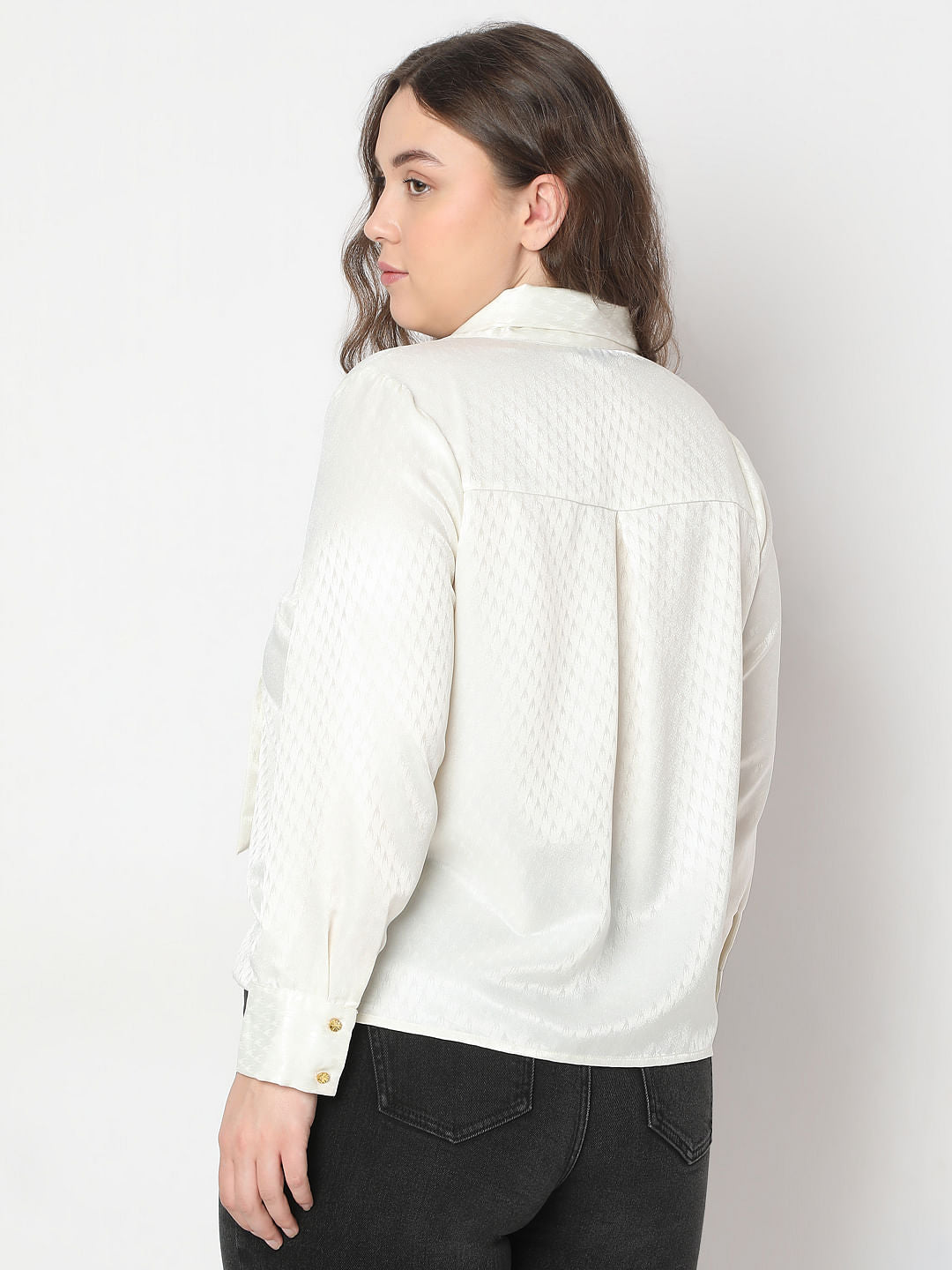 Curve Ecru Satin Pussy Bow Top