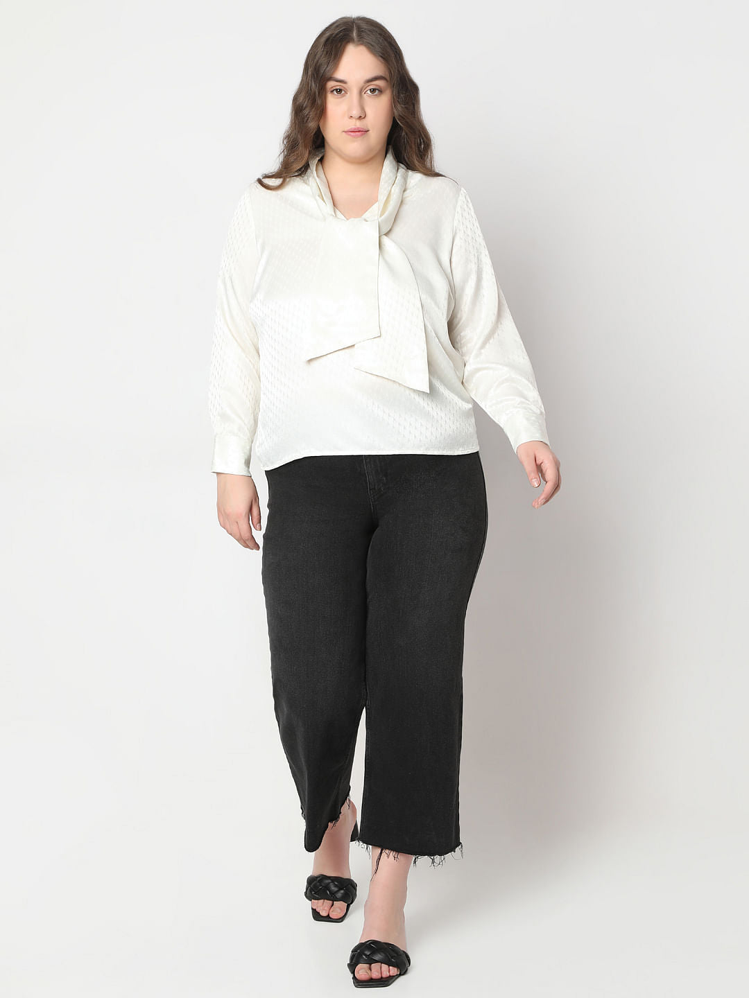 Curve Ecru Satin Pussy Bow Top