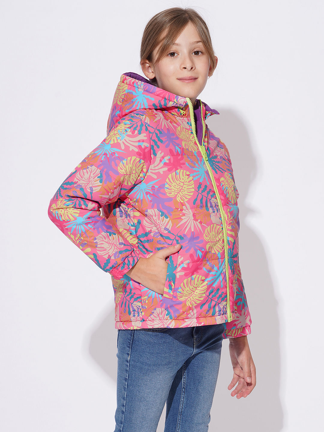 Girls Pink Reversible Puffer Jacket