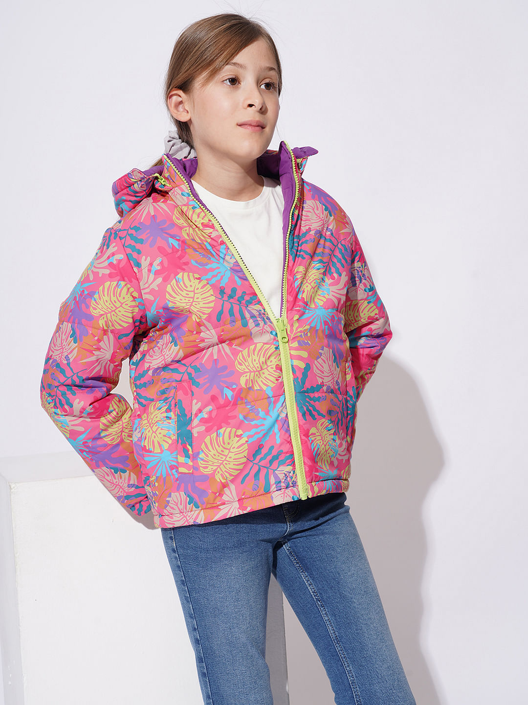 Girls Pink Reversible Puffer Jacket