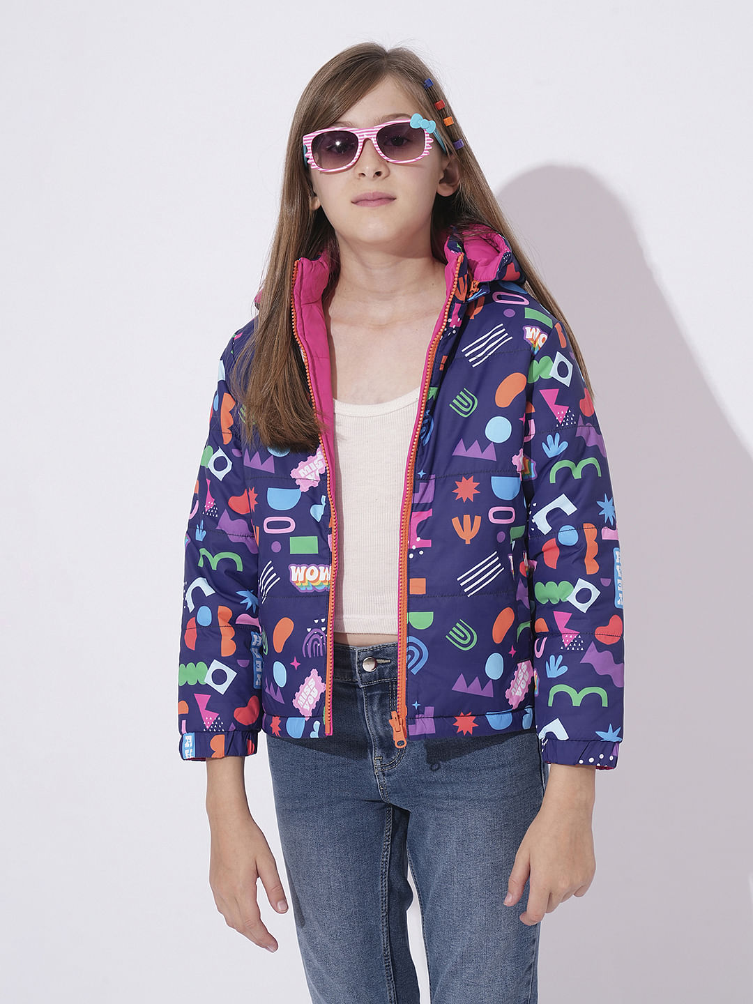 Girls Dark Blue Printed Puffer Jacket