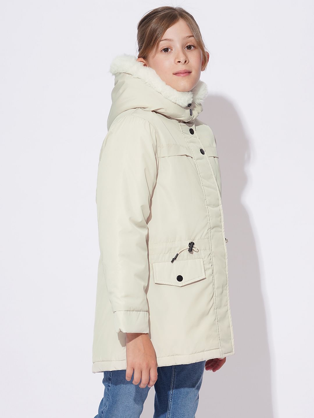 Girls White Fur Hooded Parka Jacket