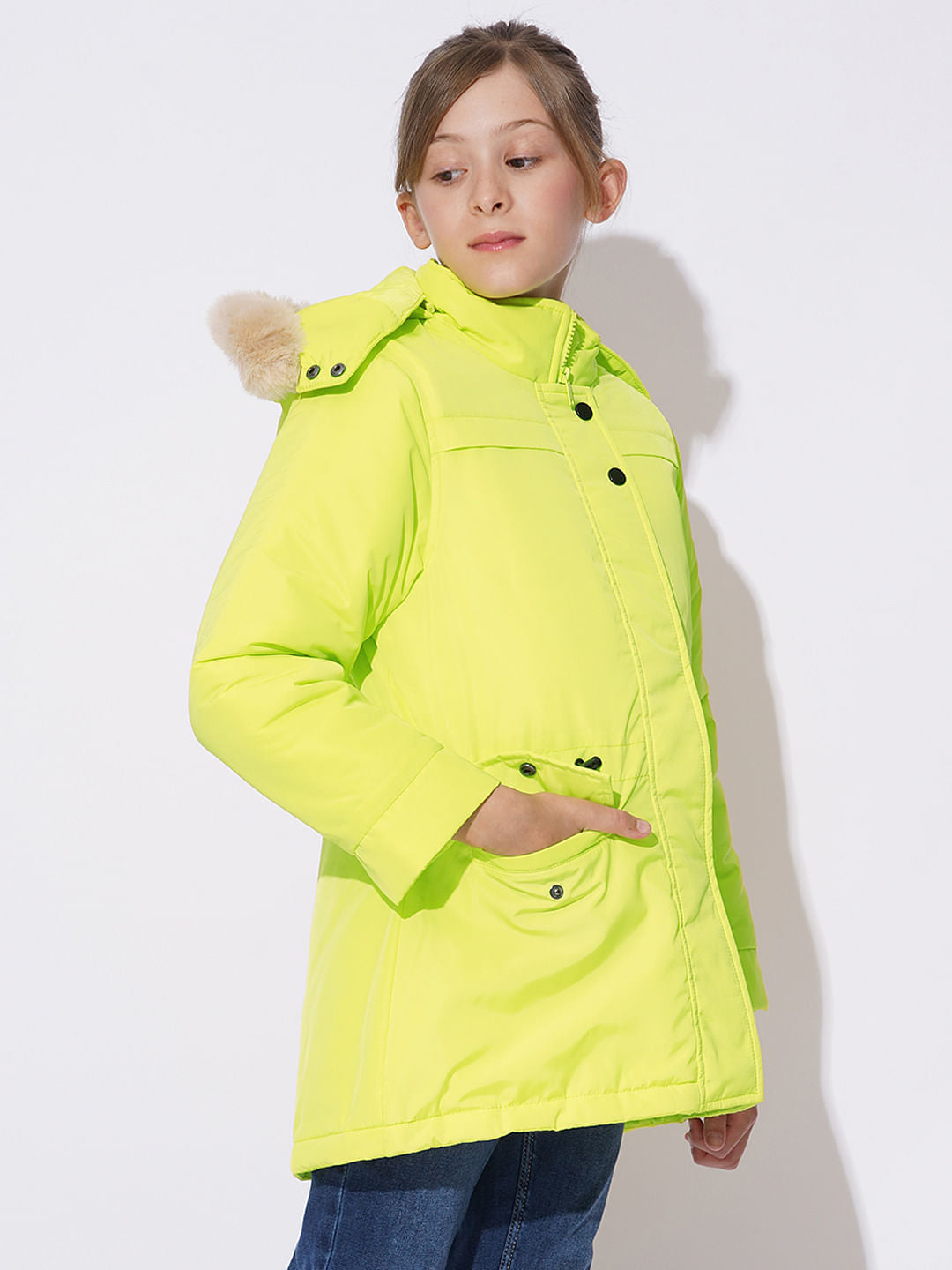 Girls Yellow Fur Hooded Parka Jacket