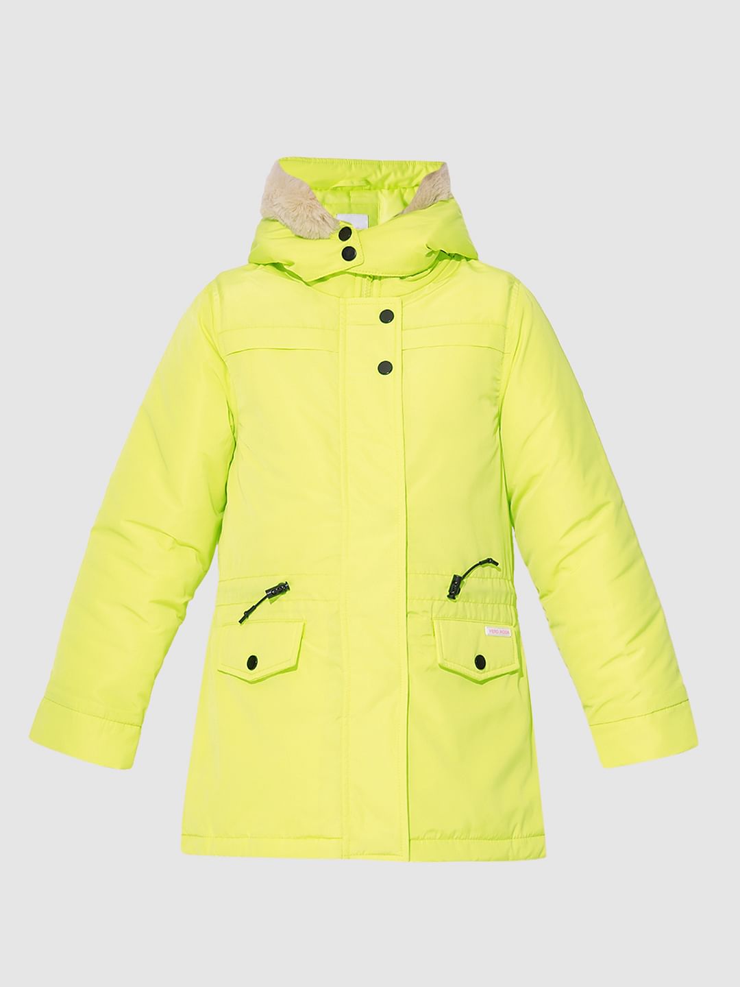 Girls Yellow Fur Hooded Parka Jacket