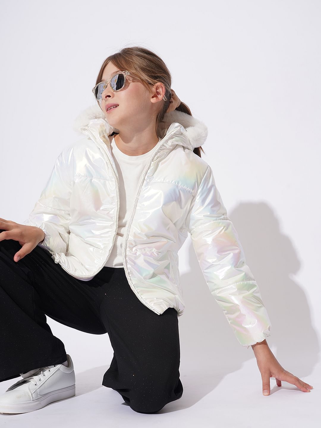Girls White Holographic Puffer Jacket