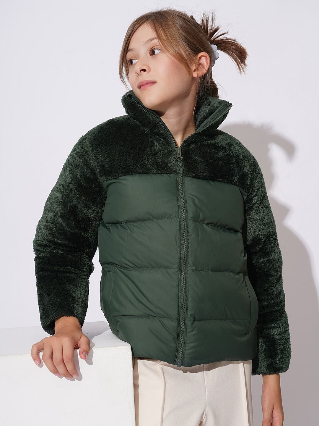 Girls Dark Green Puffer Corduroy Jacket