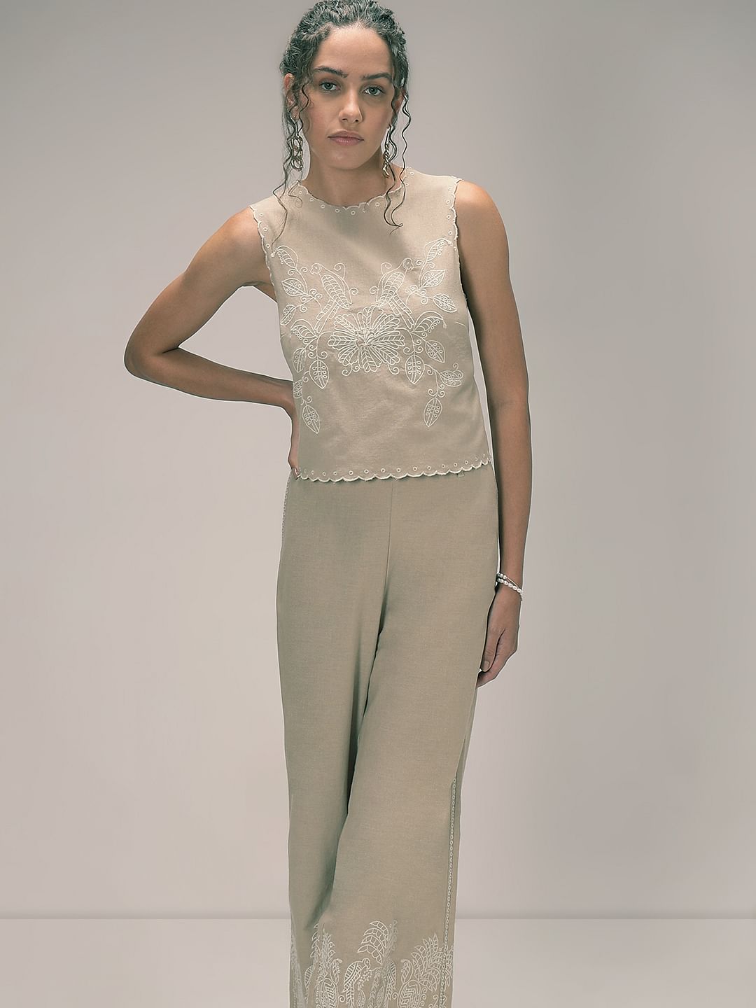 Beige Sleeveless Co-Ord Set Top