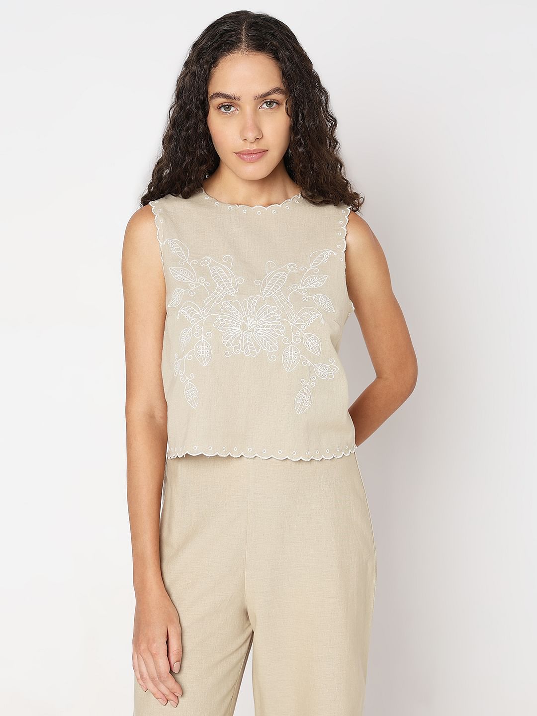 Beige Sleeveless Co-Ord Set Top