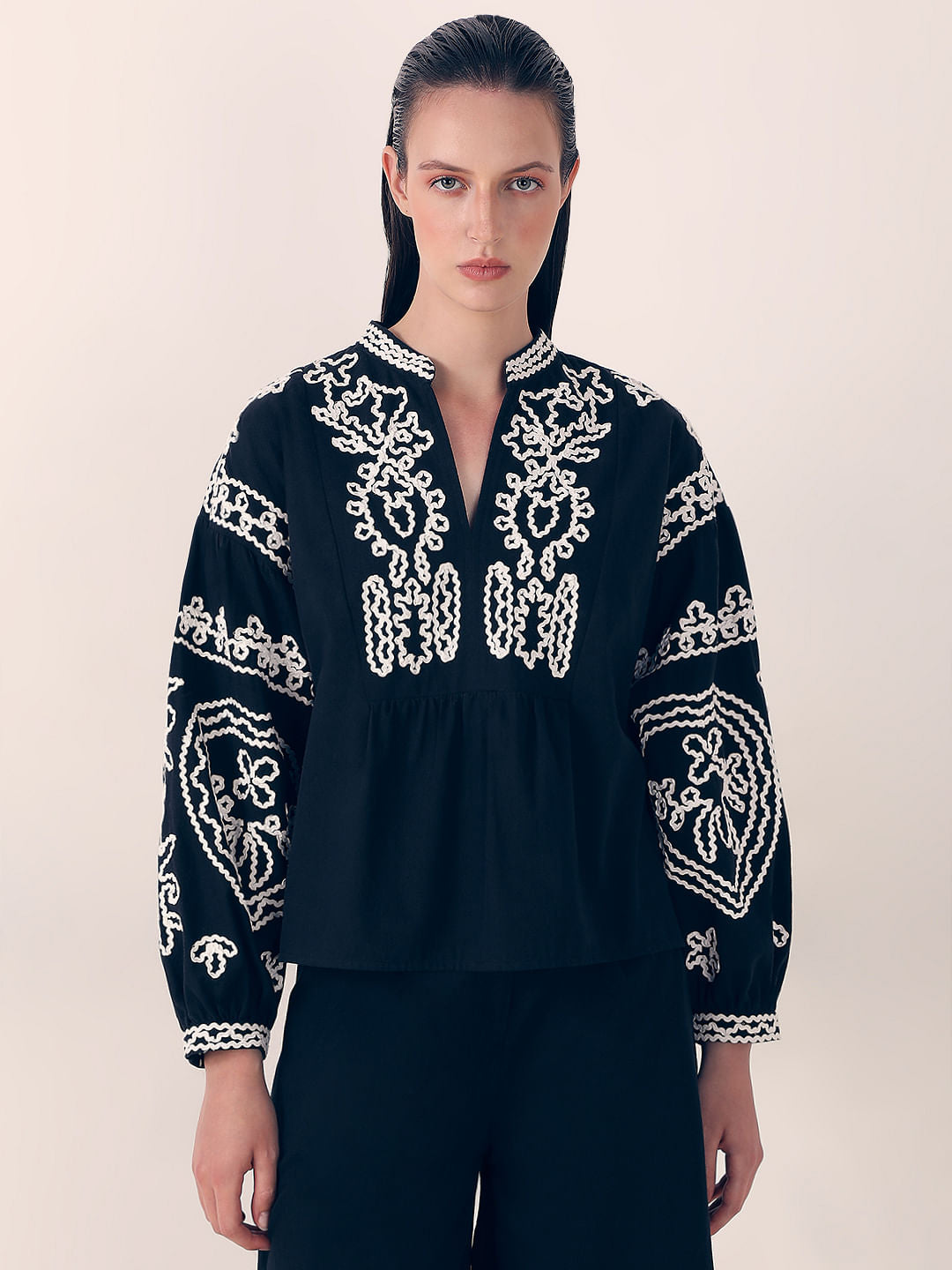 Black Embroidered Co-Ord Set Top