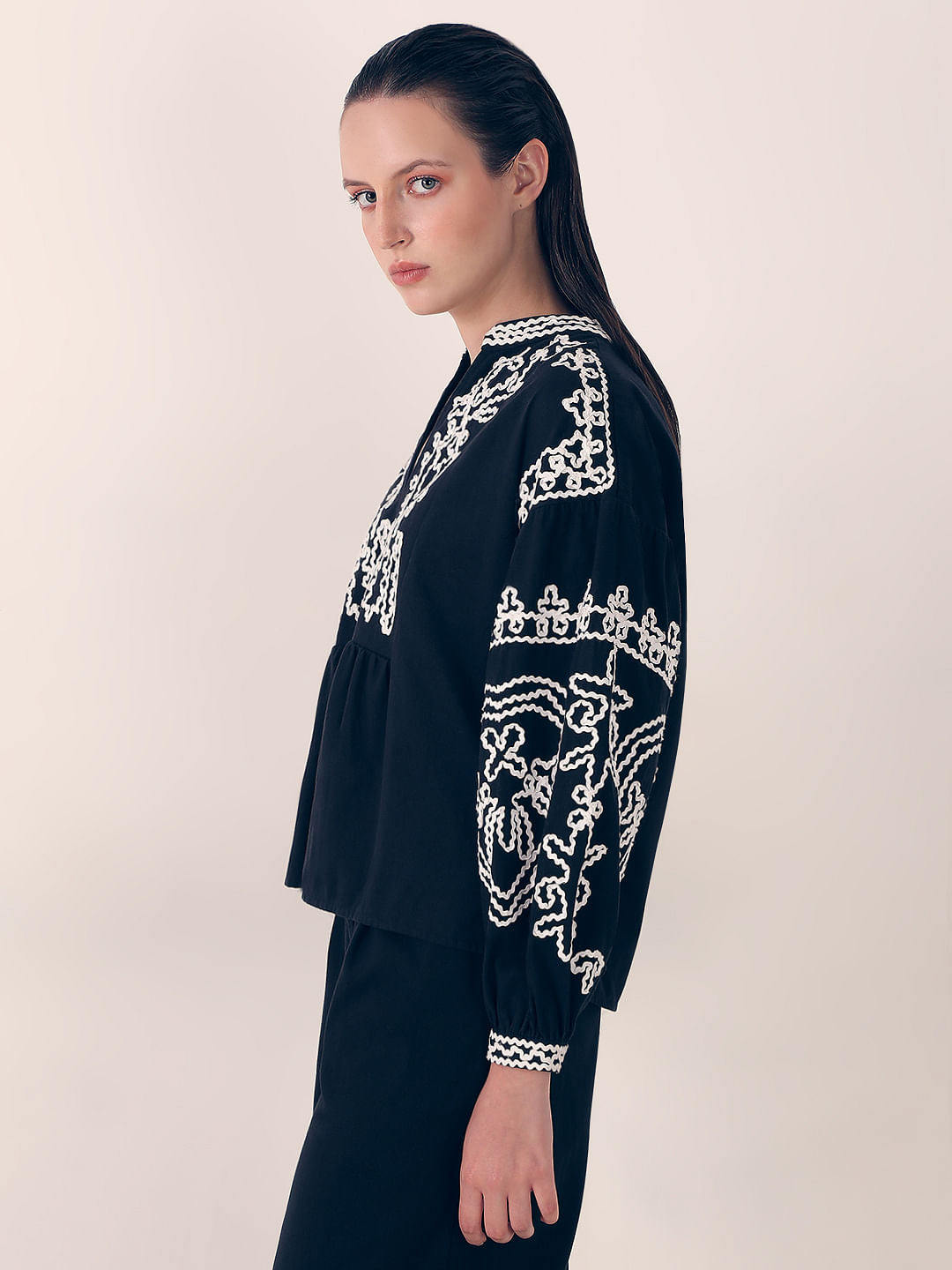 Black Embroidered Co-Ord Set Top