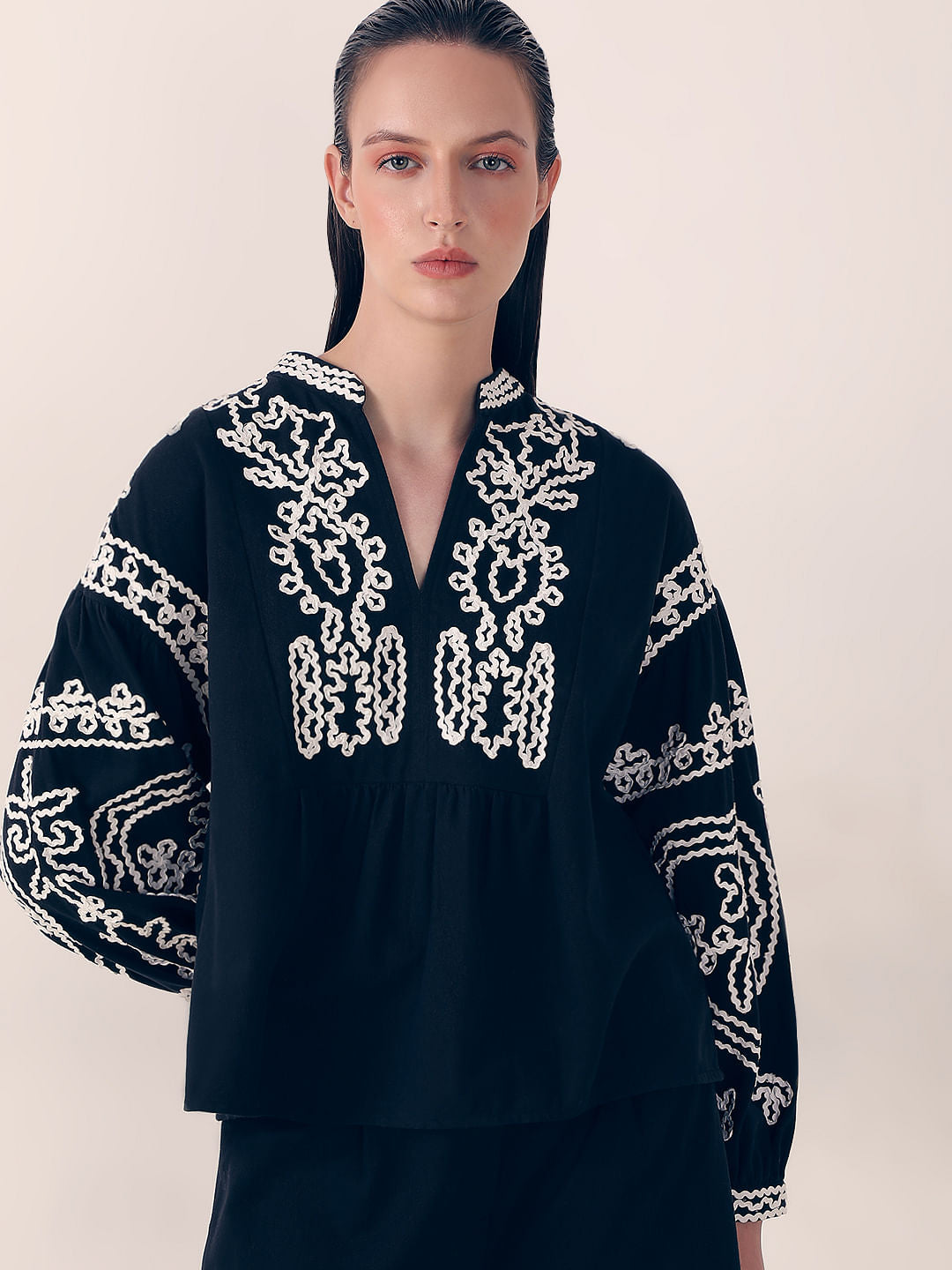 Black Embroidered Co-Ord Set Top