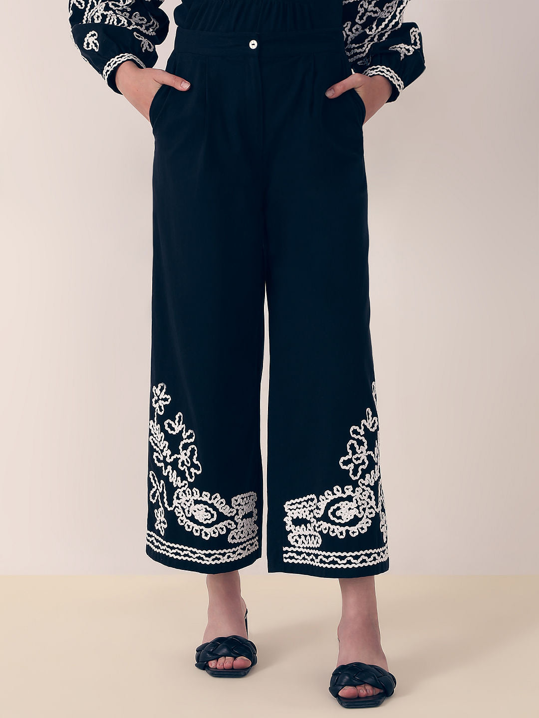 Black Embroidered Co-Ord Set Pants