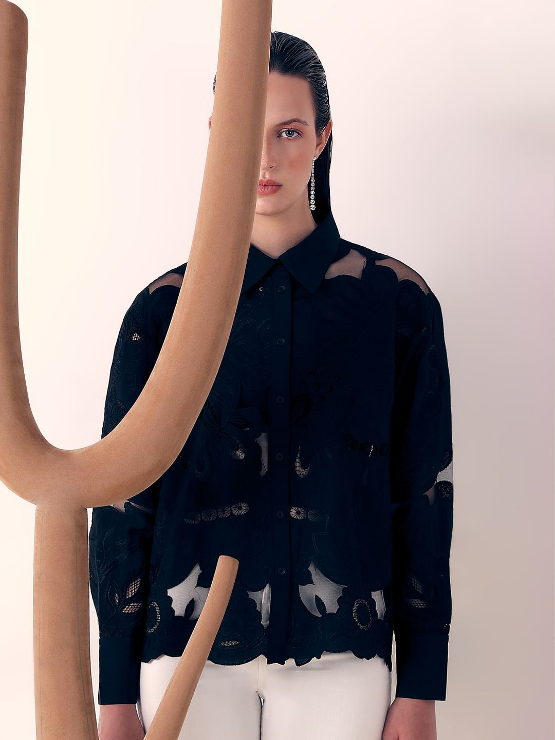 Black Embroidered Cutwork Shirt