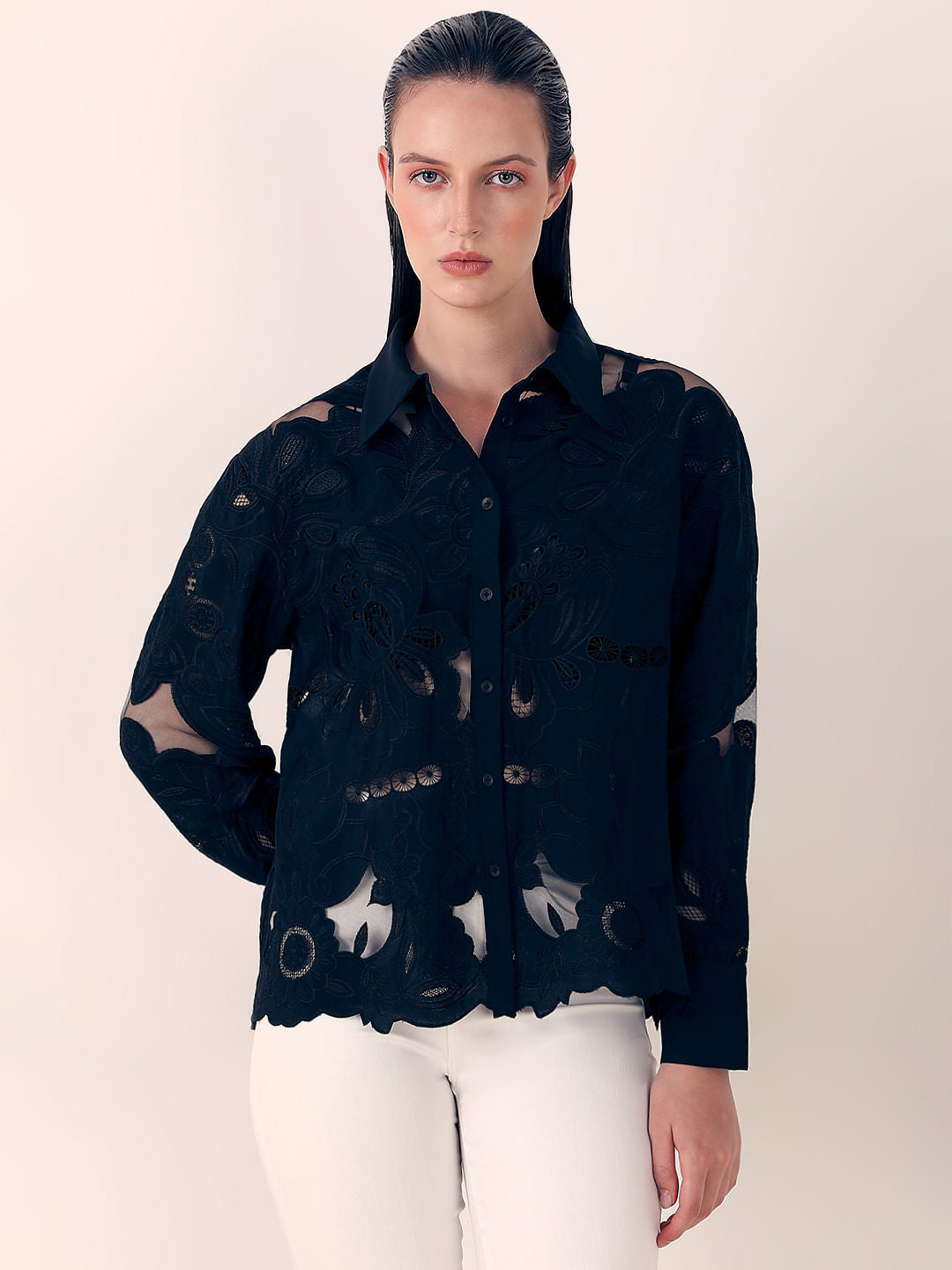 Black Embroidered Cutwork Shirt
