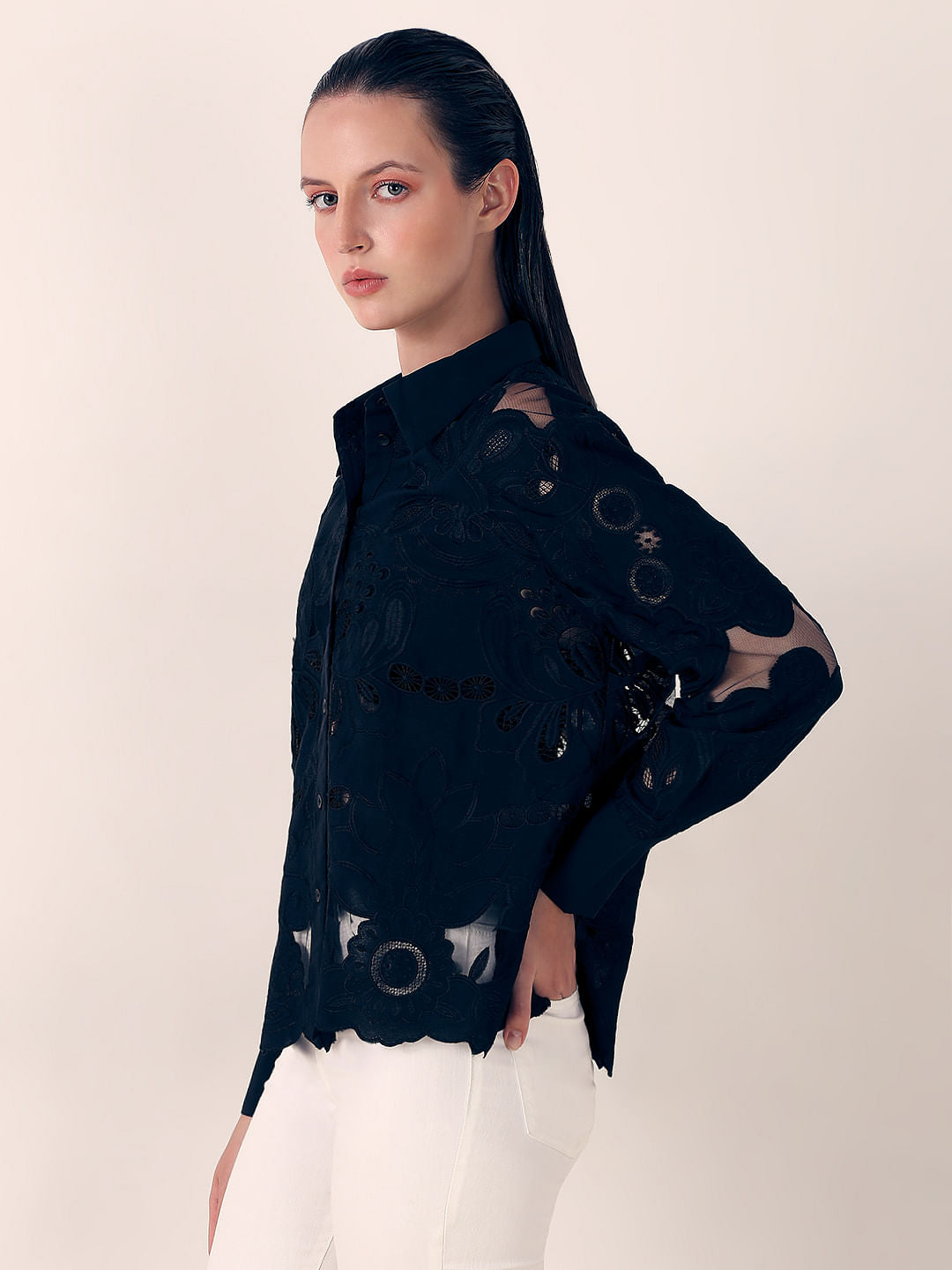 Black Embroidered Cutwork Shirt