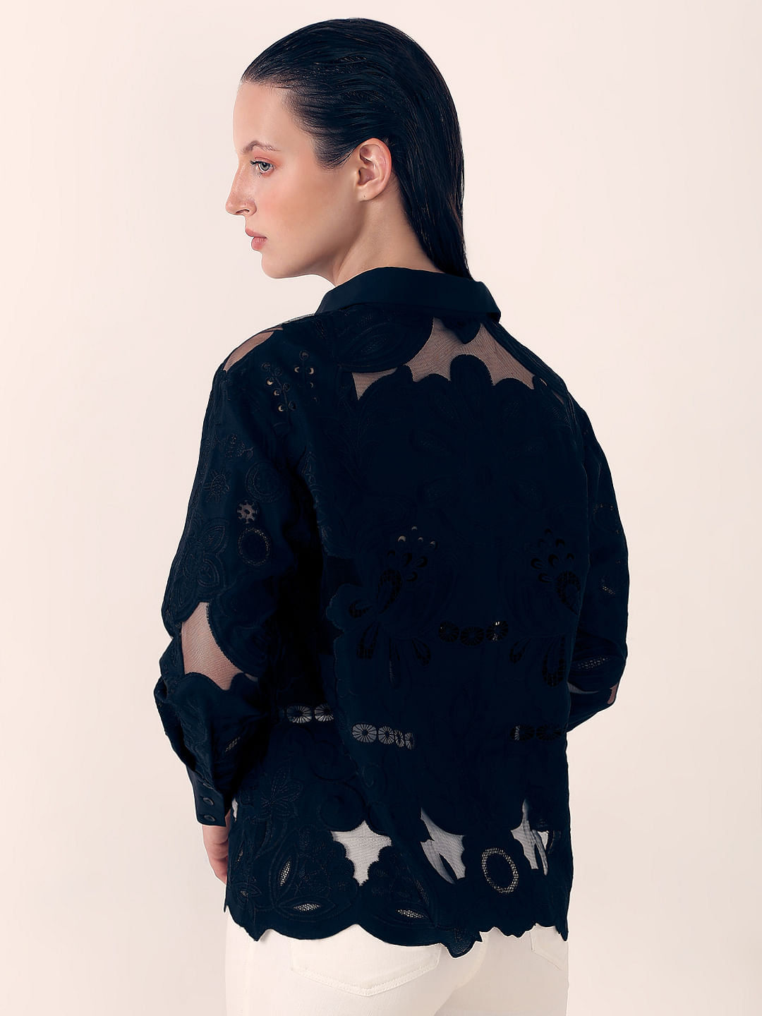 Black Embroidered Cutwork Shirt