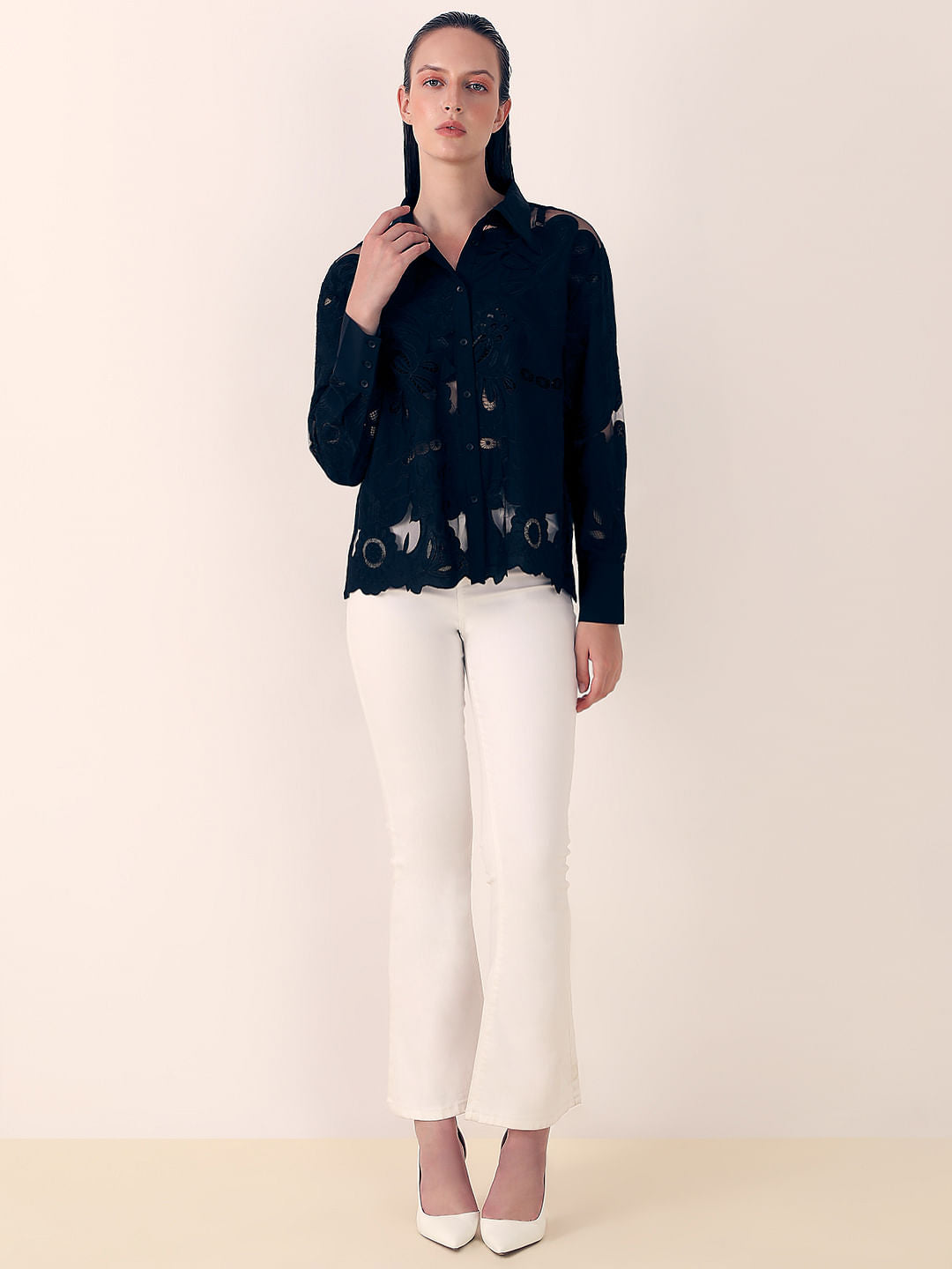 Black Embroidered Cutwork Shirt