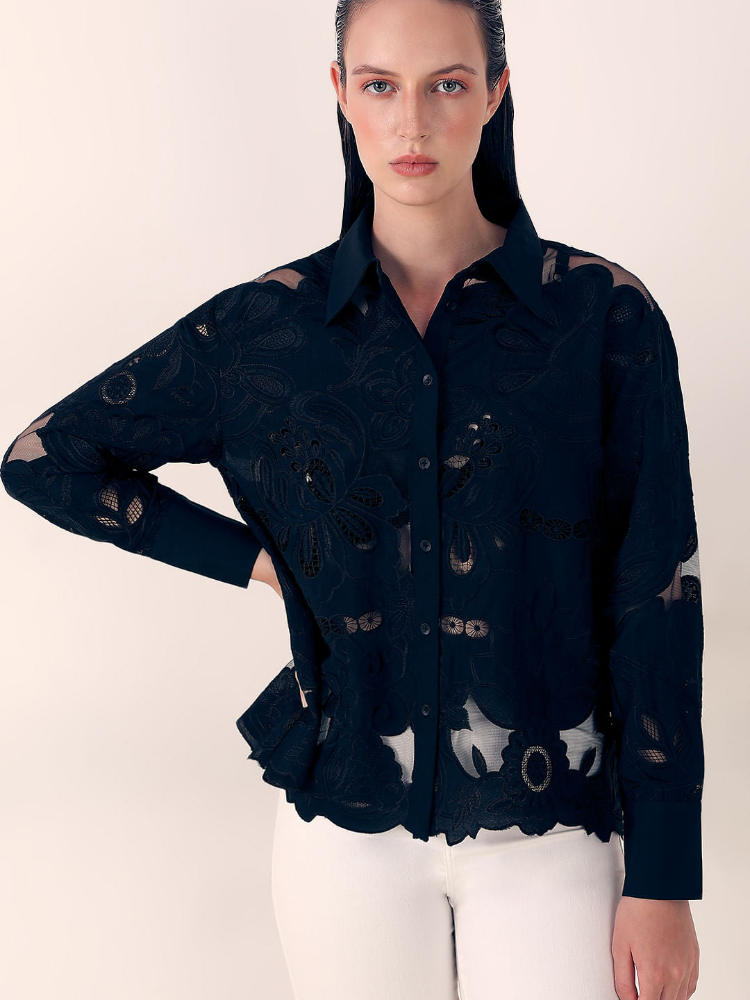 Black Embroidered Cutwork Shirt