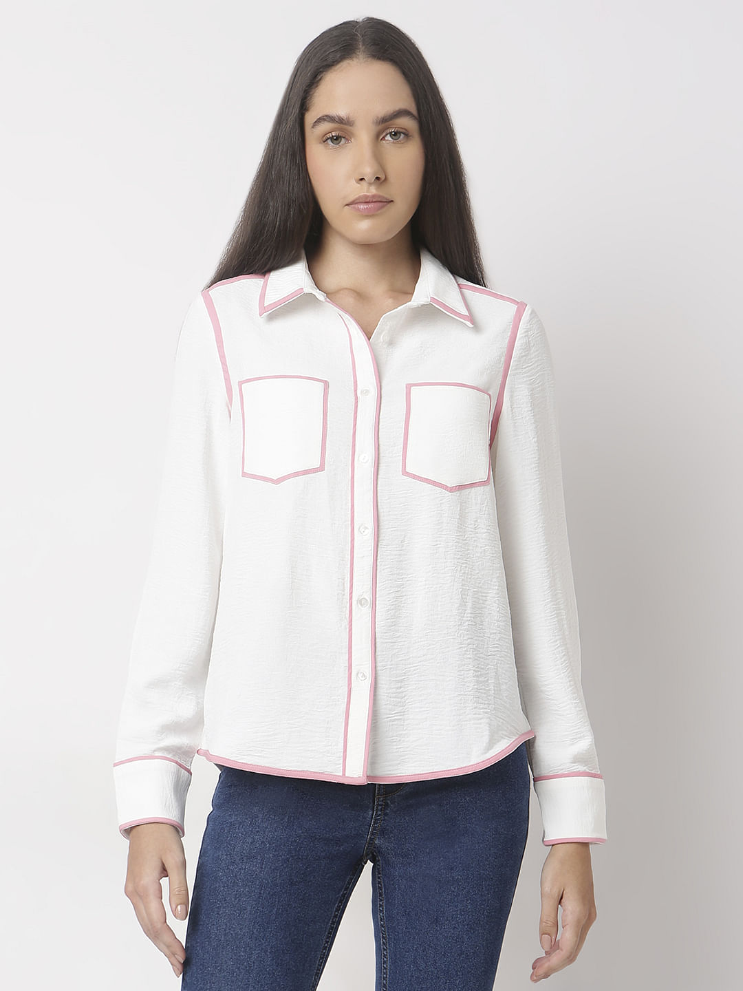 White Contrast Trim Shirt