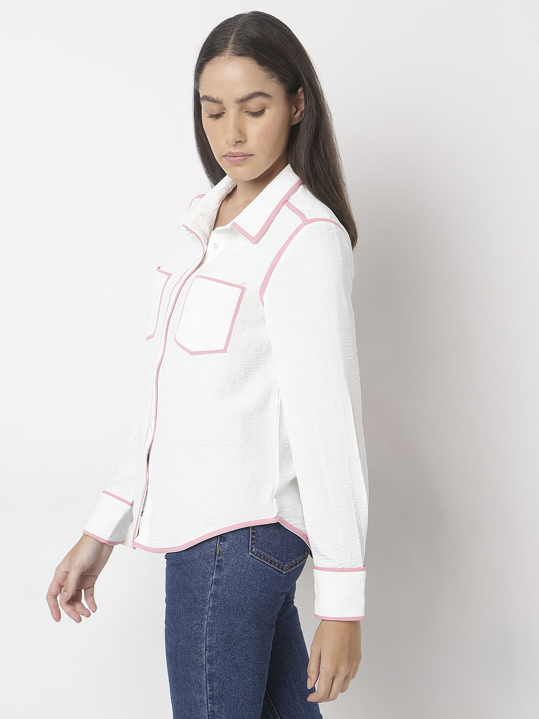 White Contrast Trim Shirt