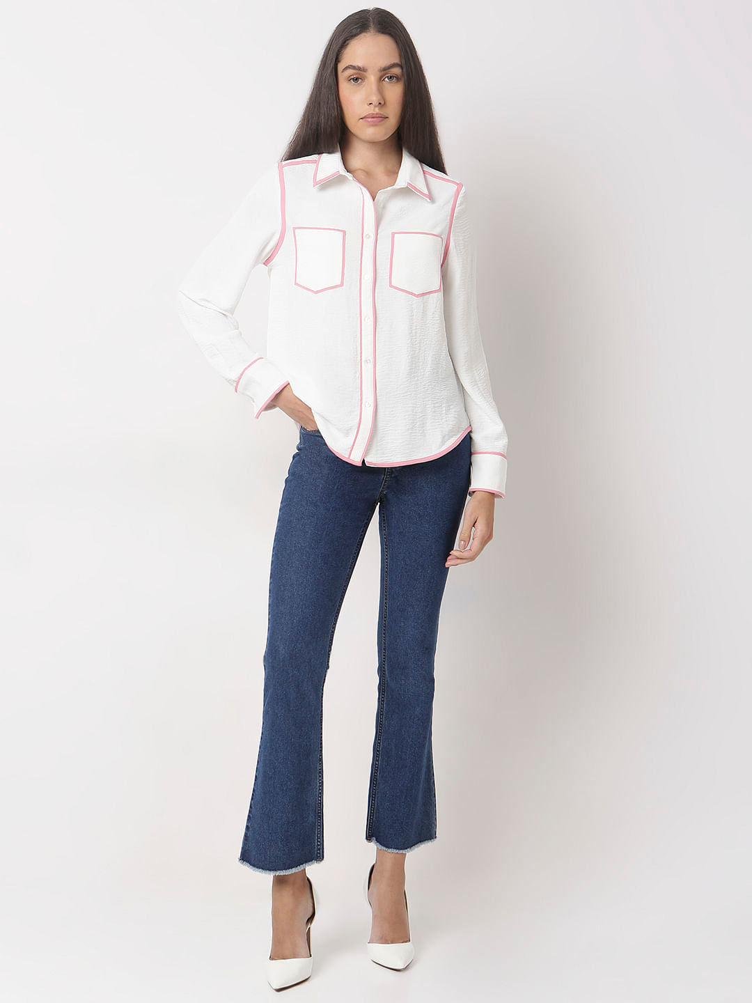 White Contrast Trim Shirt
