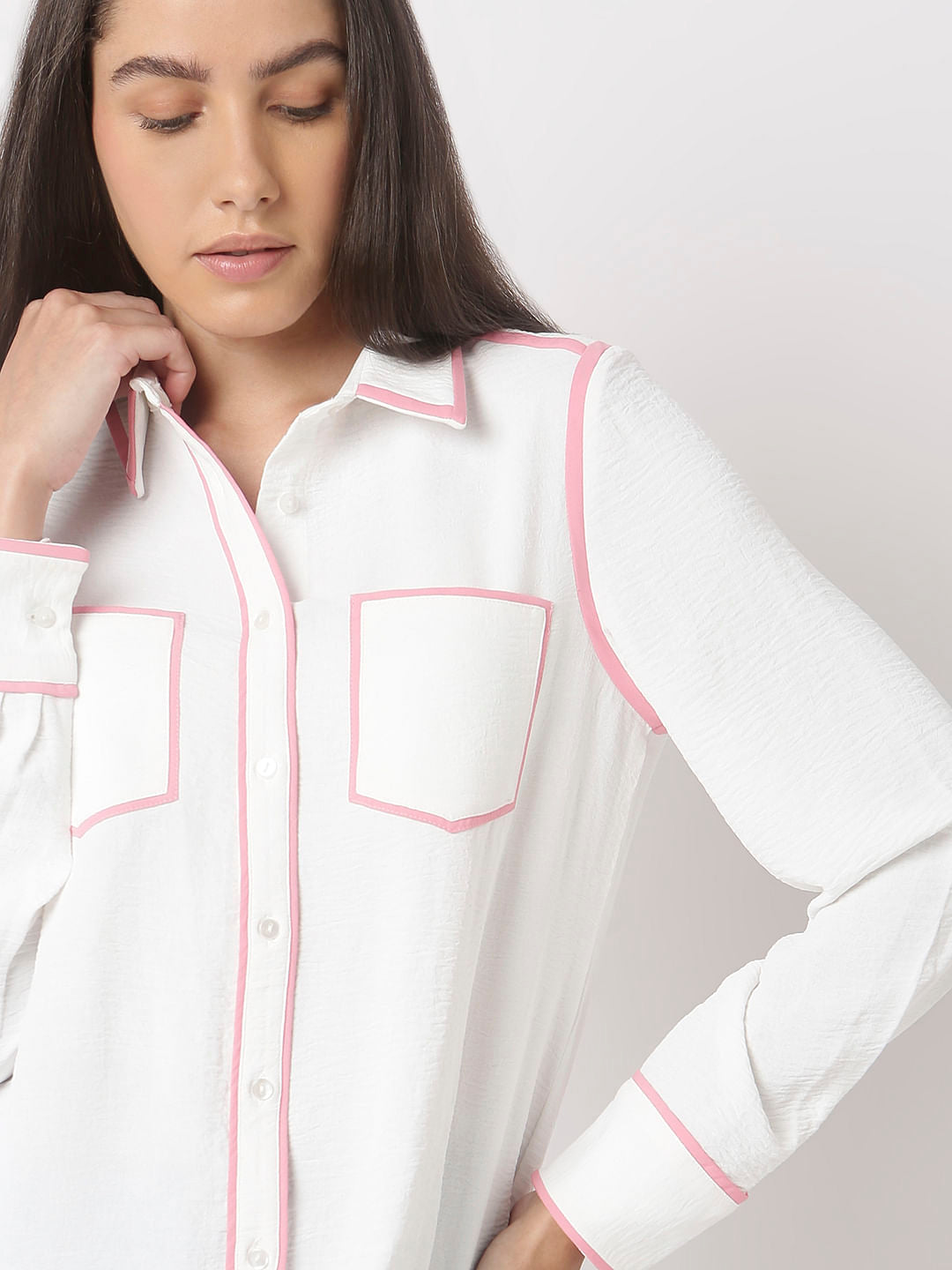White Contrast Trim Shirt