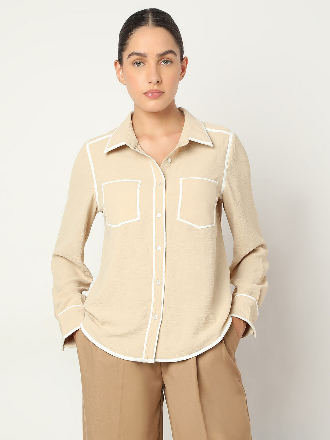 Beige Contrast Trim Shirt