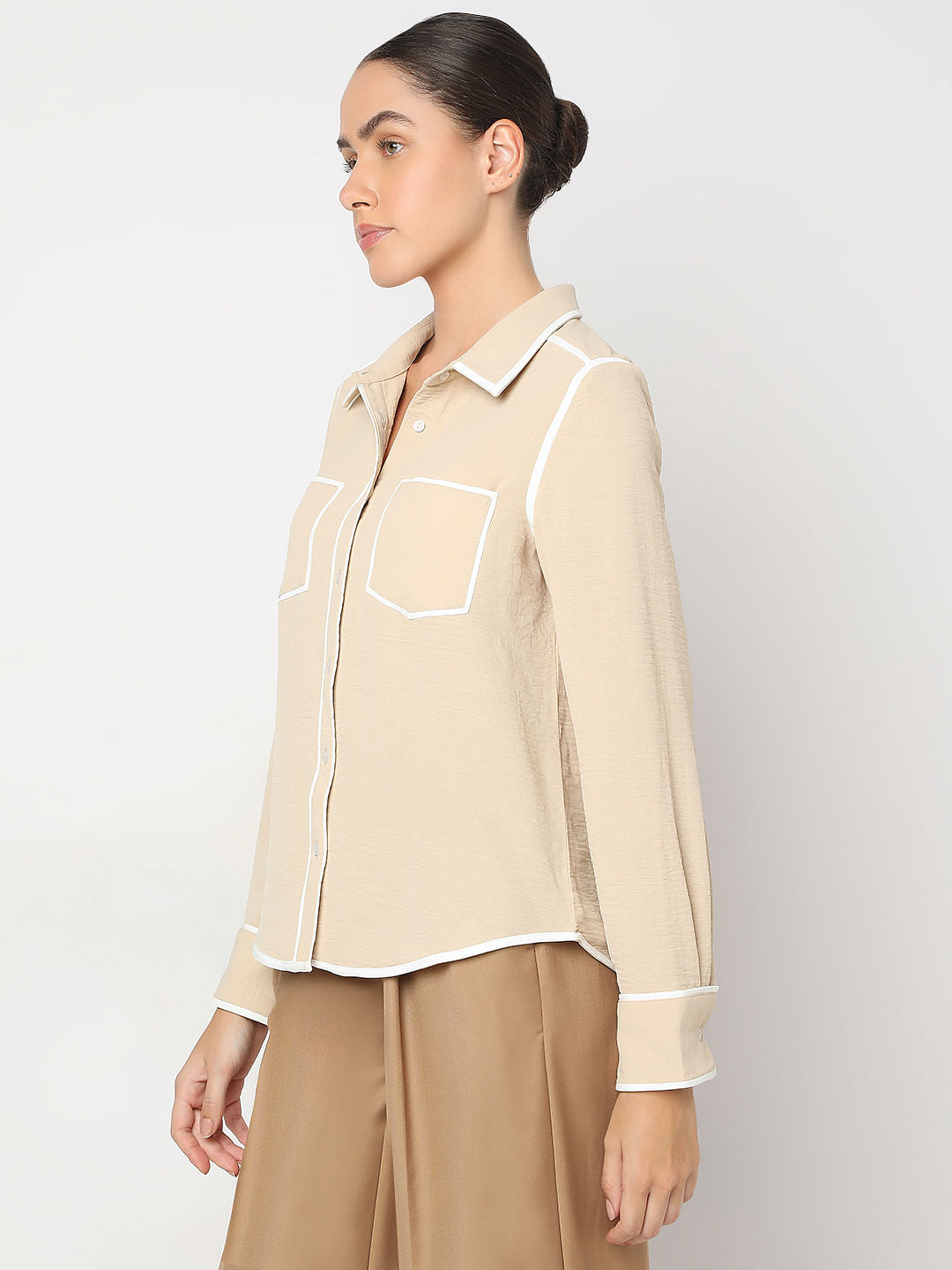 Beige Contrast Trim Shirt