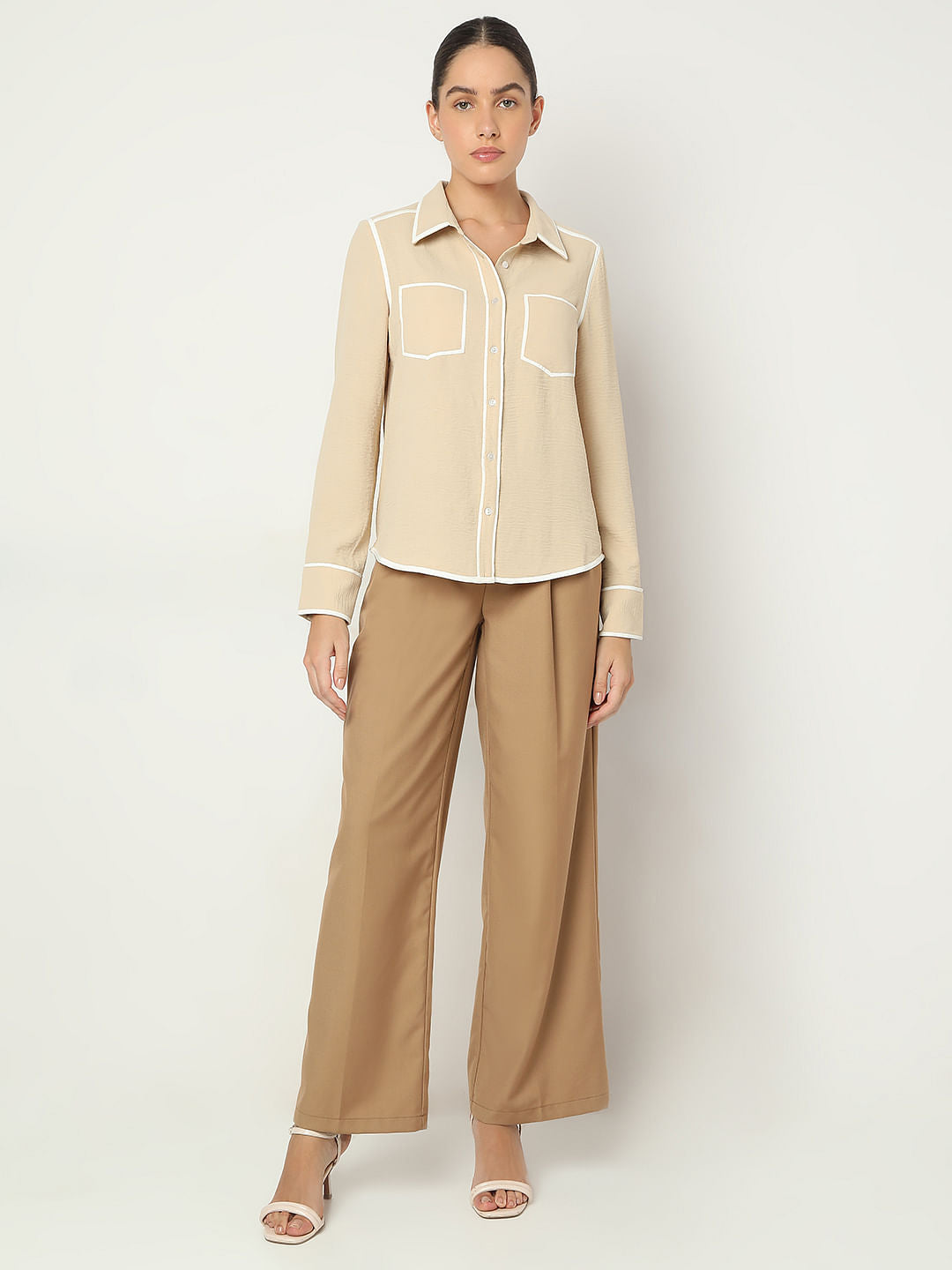 Beige Contrast Trim Shirt
