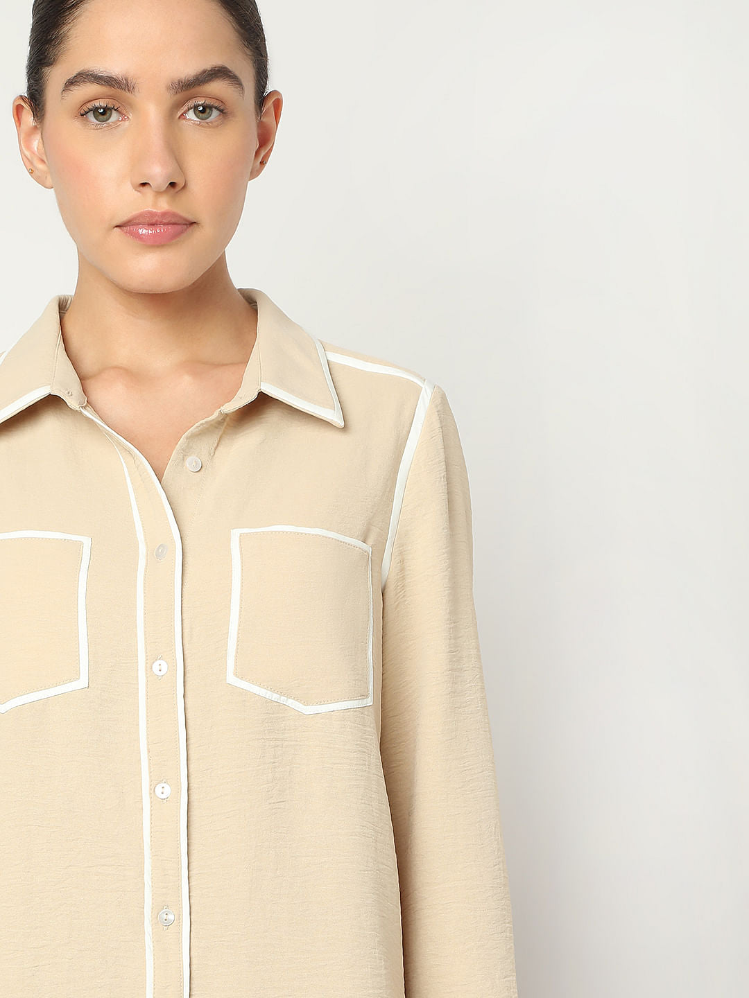 Beige Contrast Trim Shirt