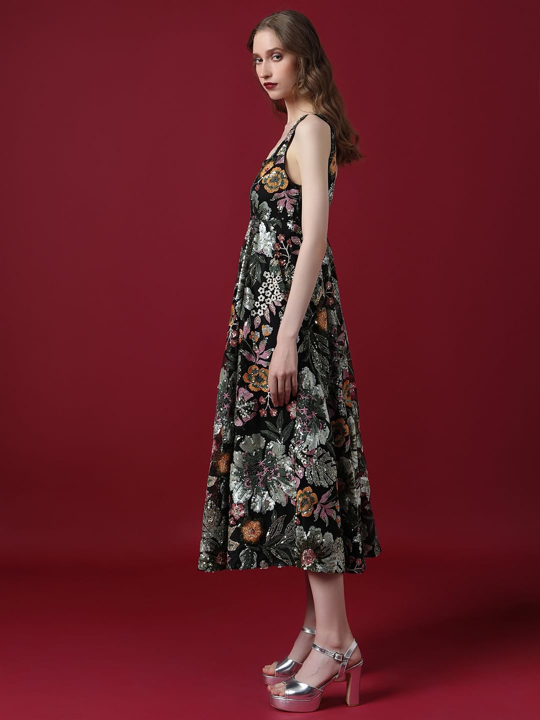 Marquee Black Embroidered Sequined Midi Dress