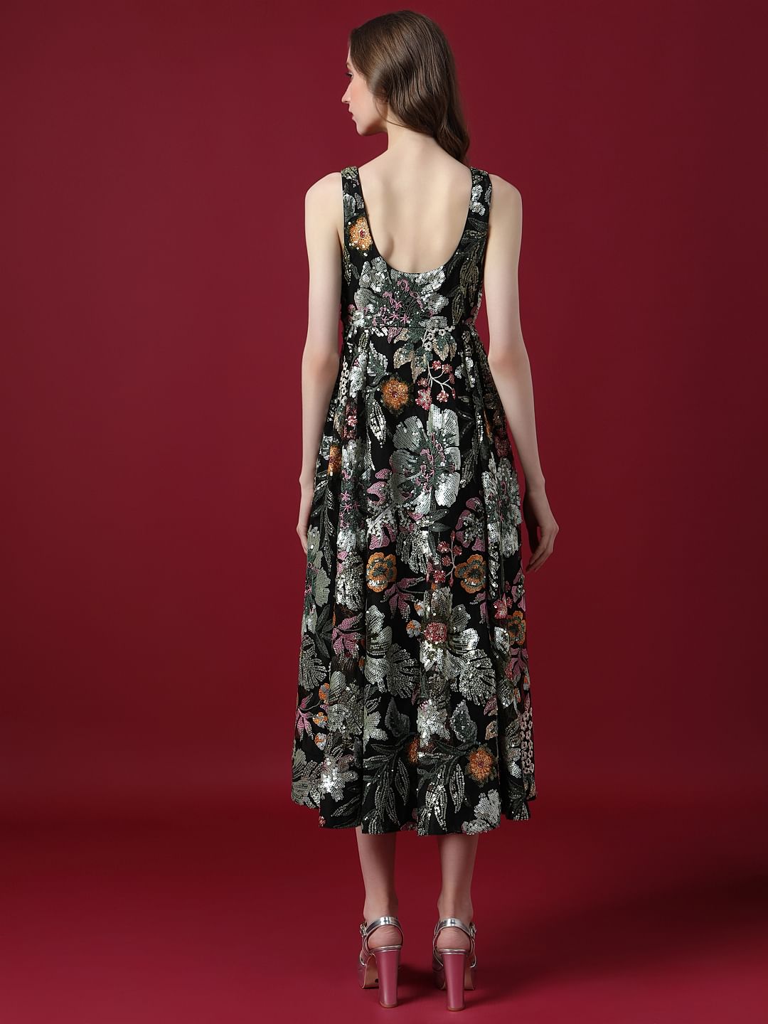 Marquee Black Embroidered Sequined Midi Dress