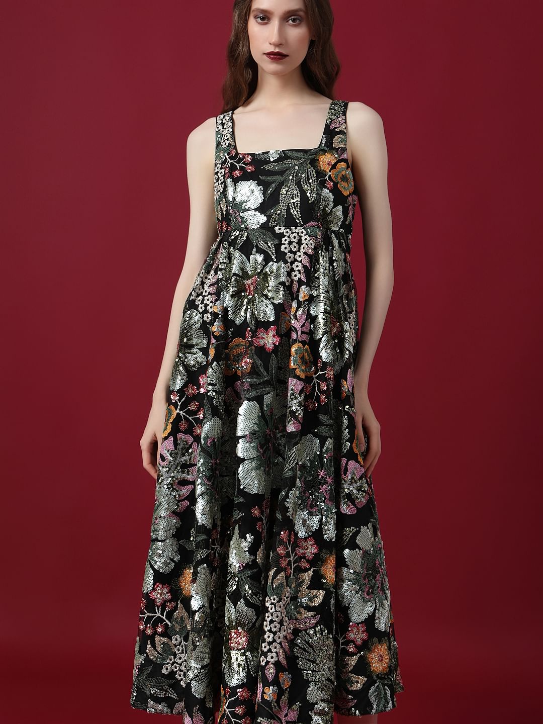 Marquee Black Embroidered Sequined Midi Dress