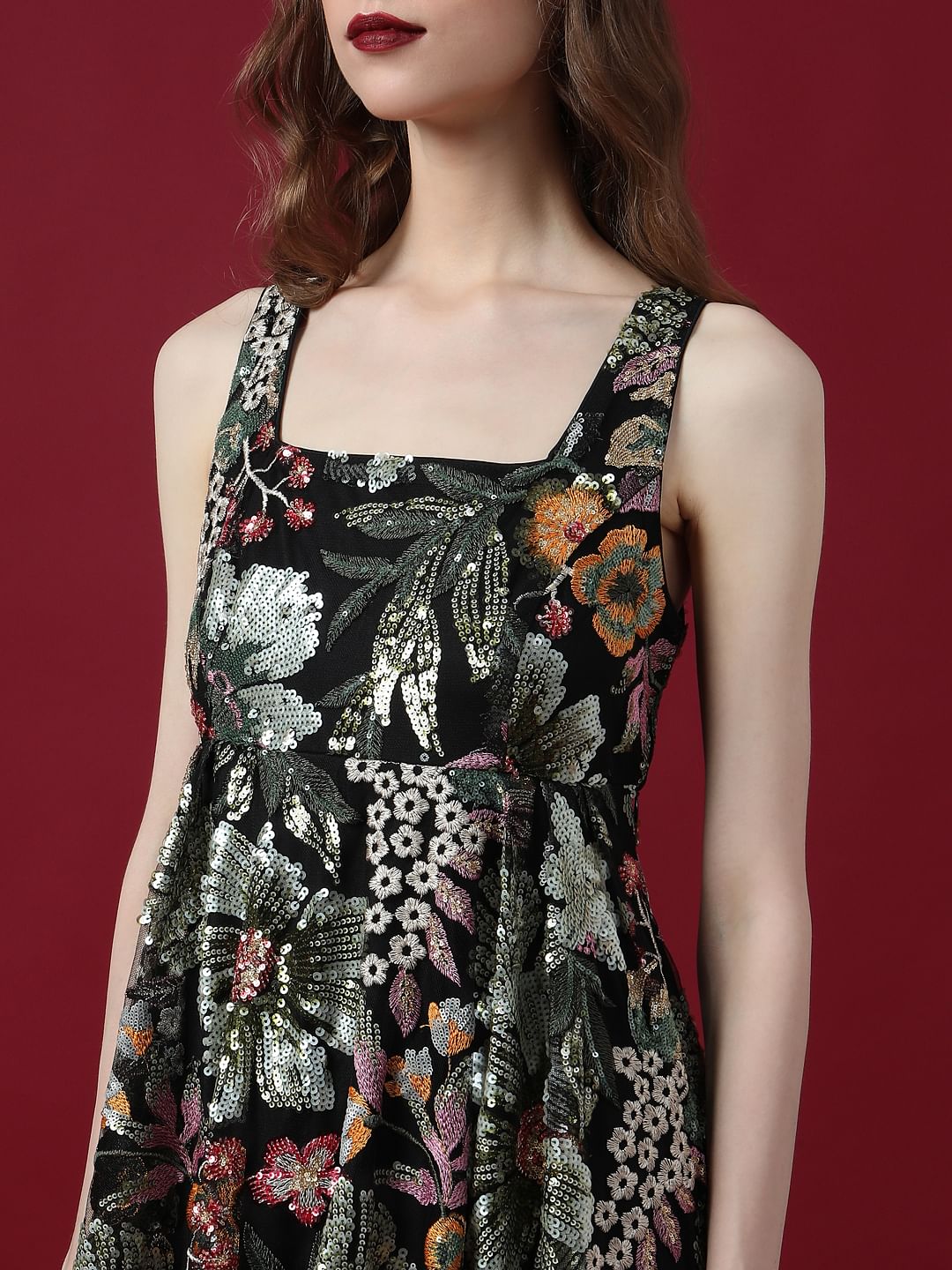 Marquee Black Embroidered Sequined Midi Dress