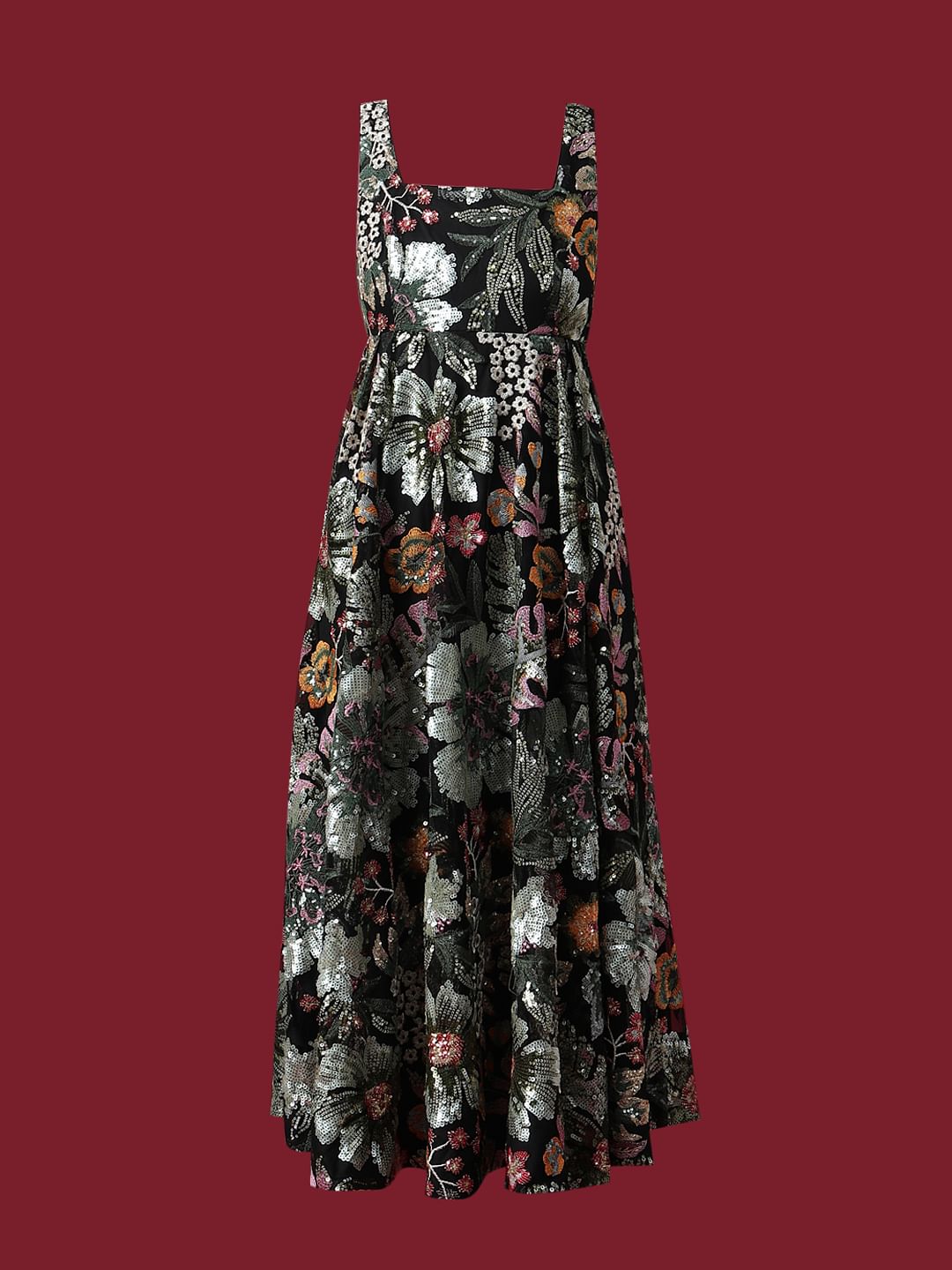 Marquee Black Embroidered Sequined Midi Dress