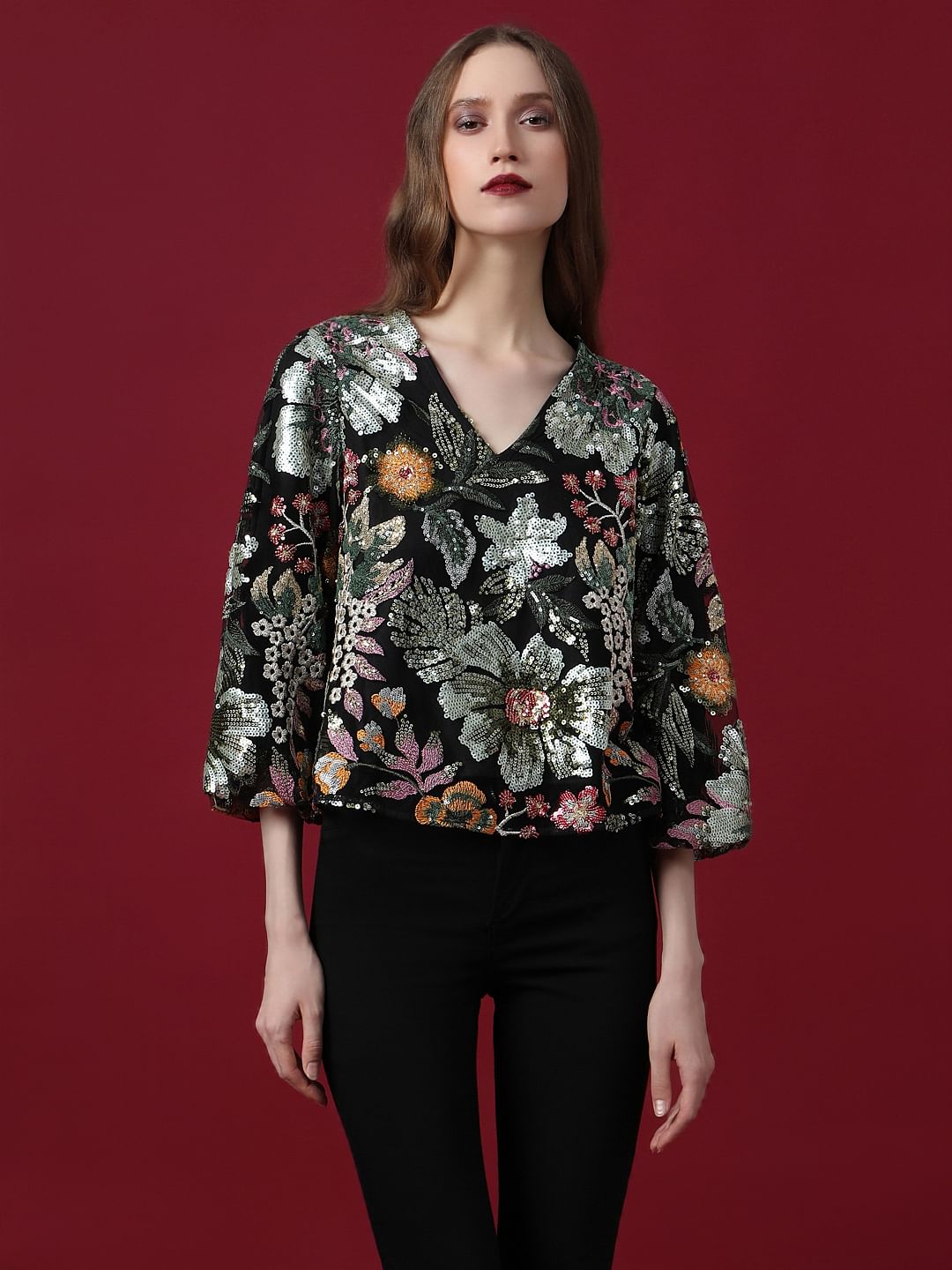 Marquee Black Embroidered Sequined Top