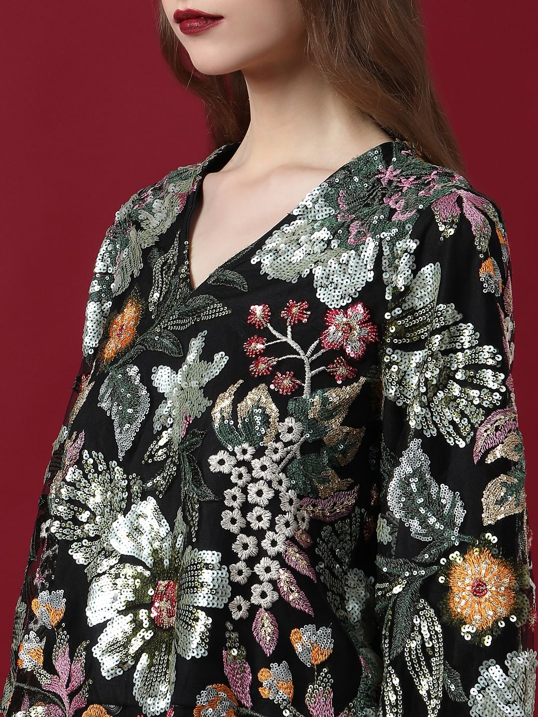 Marquee Black Embroidered Sequined Top