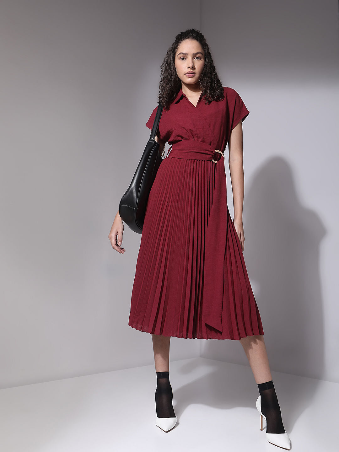 Red Pleated Midi Dress