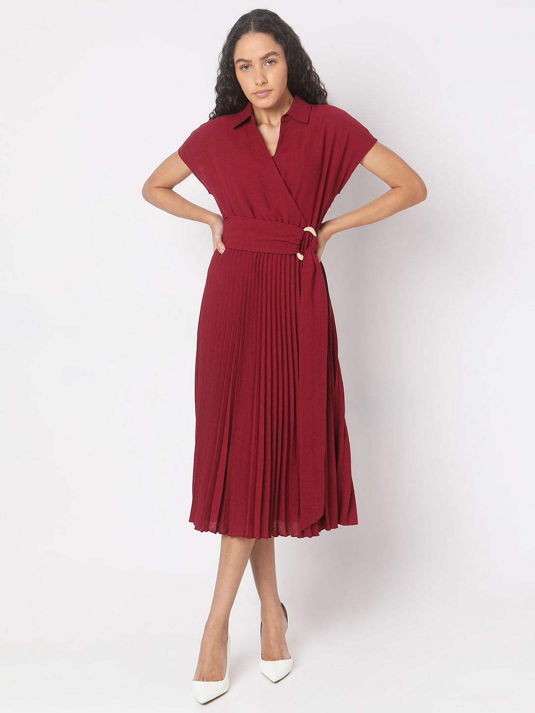 Red Pleated Midi Dress