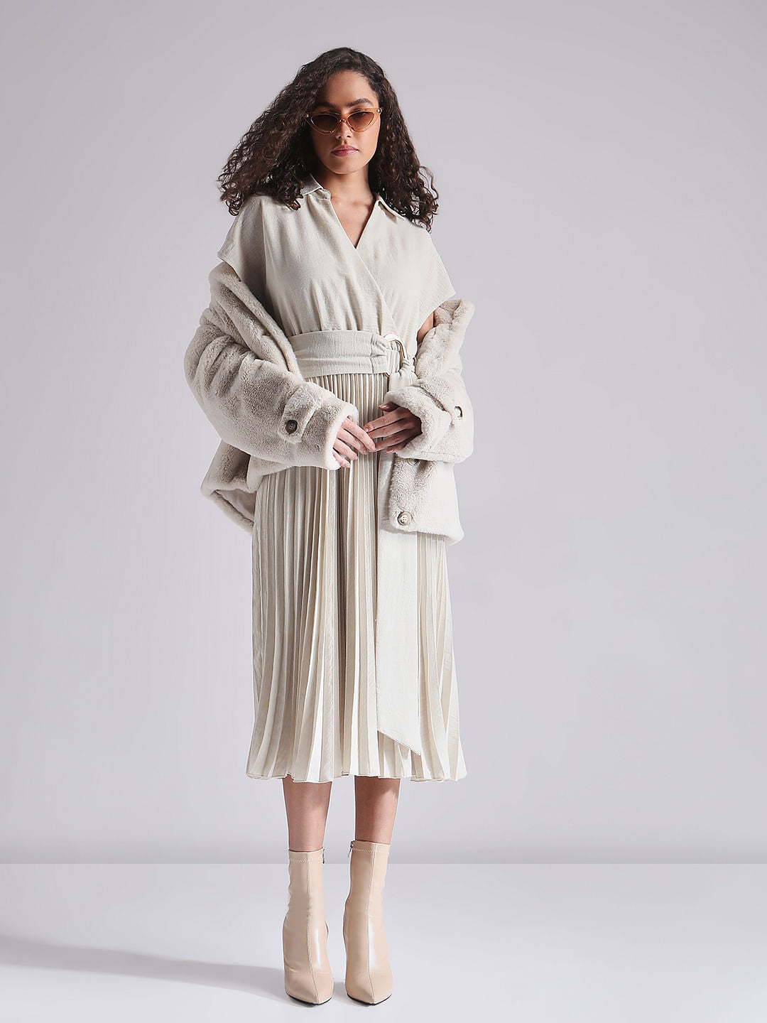 Ecru Pleated Midi Dress