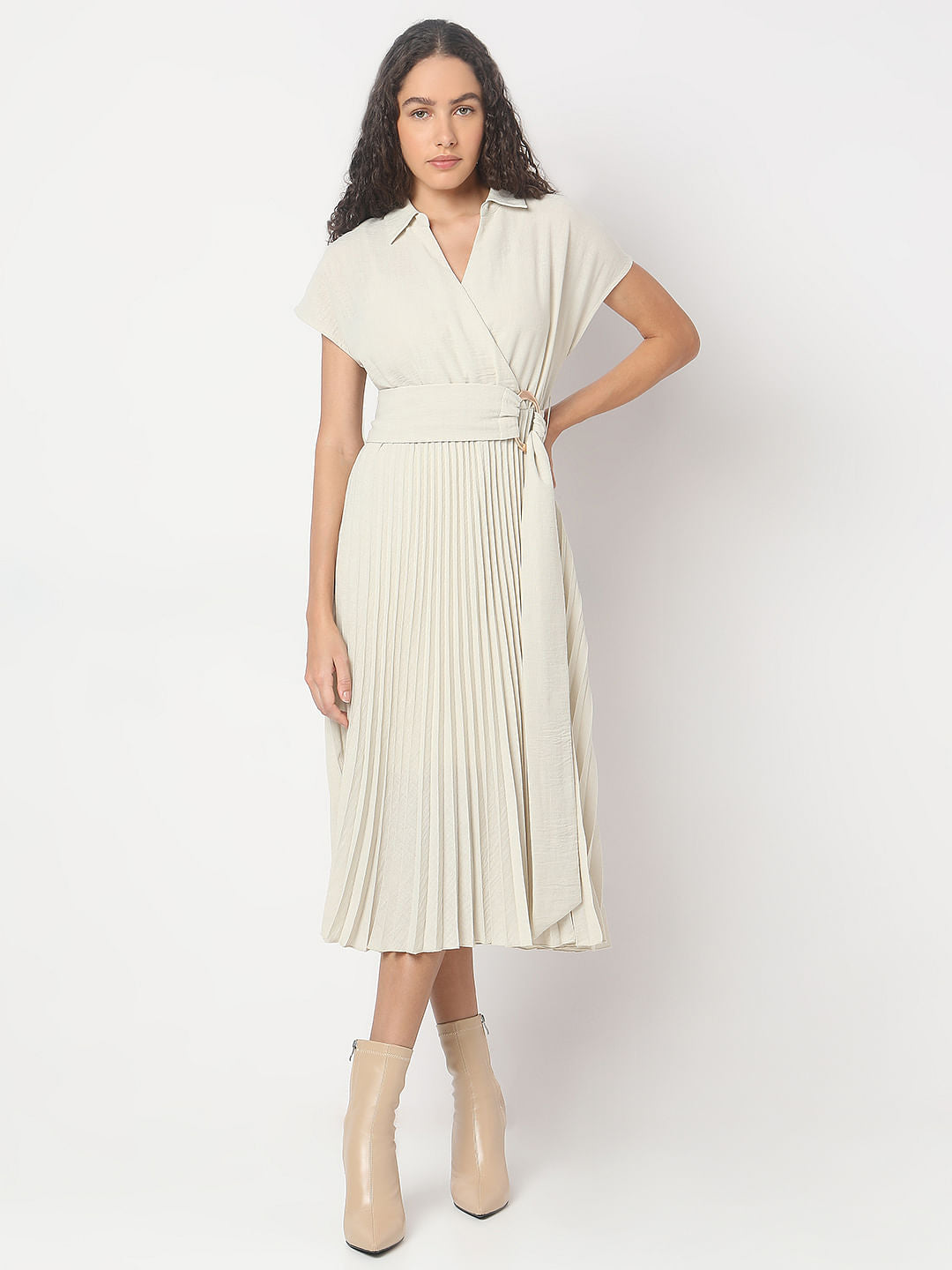 Ecru Pleated Midi Dress