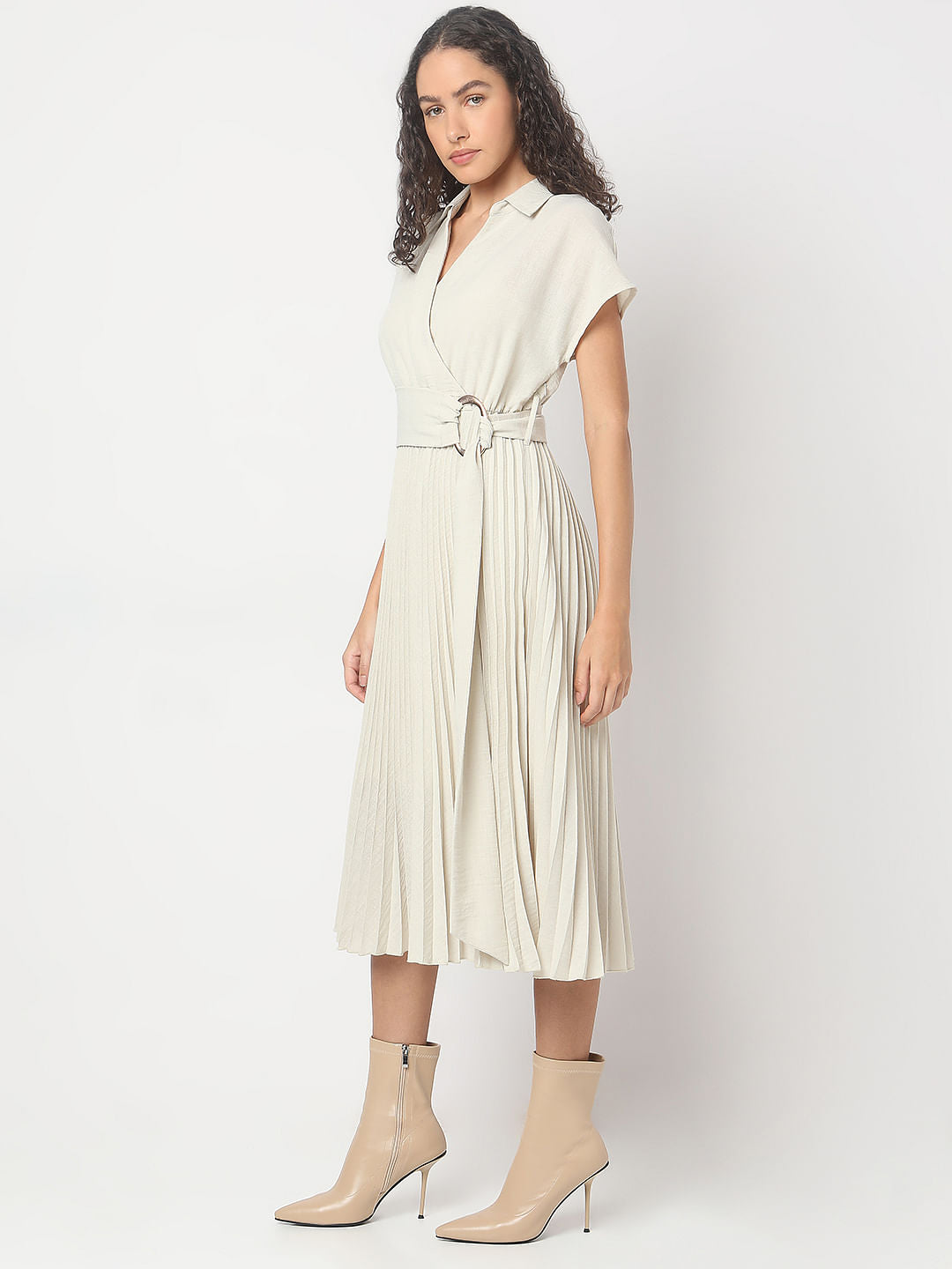 Ecru Pleated Midi Dress