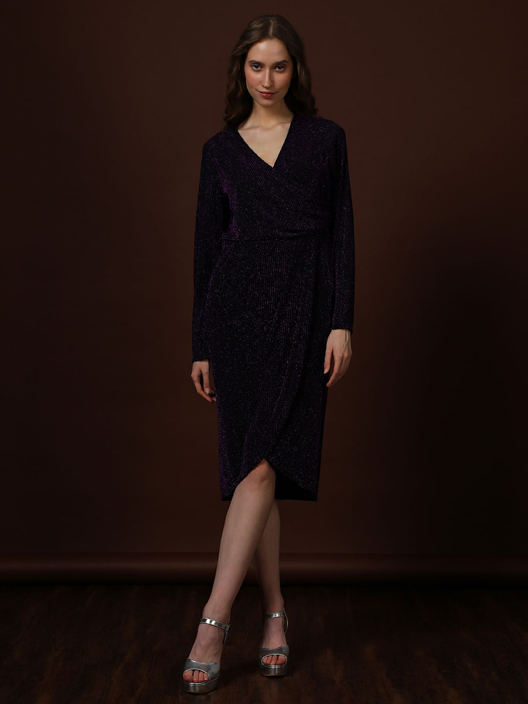 Plum Shimmer Wrap Midi Dress