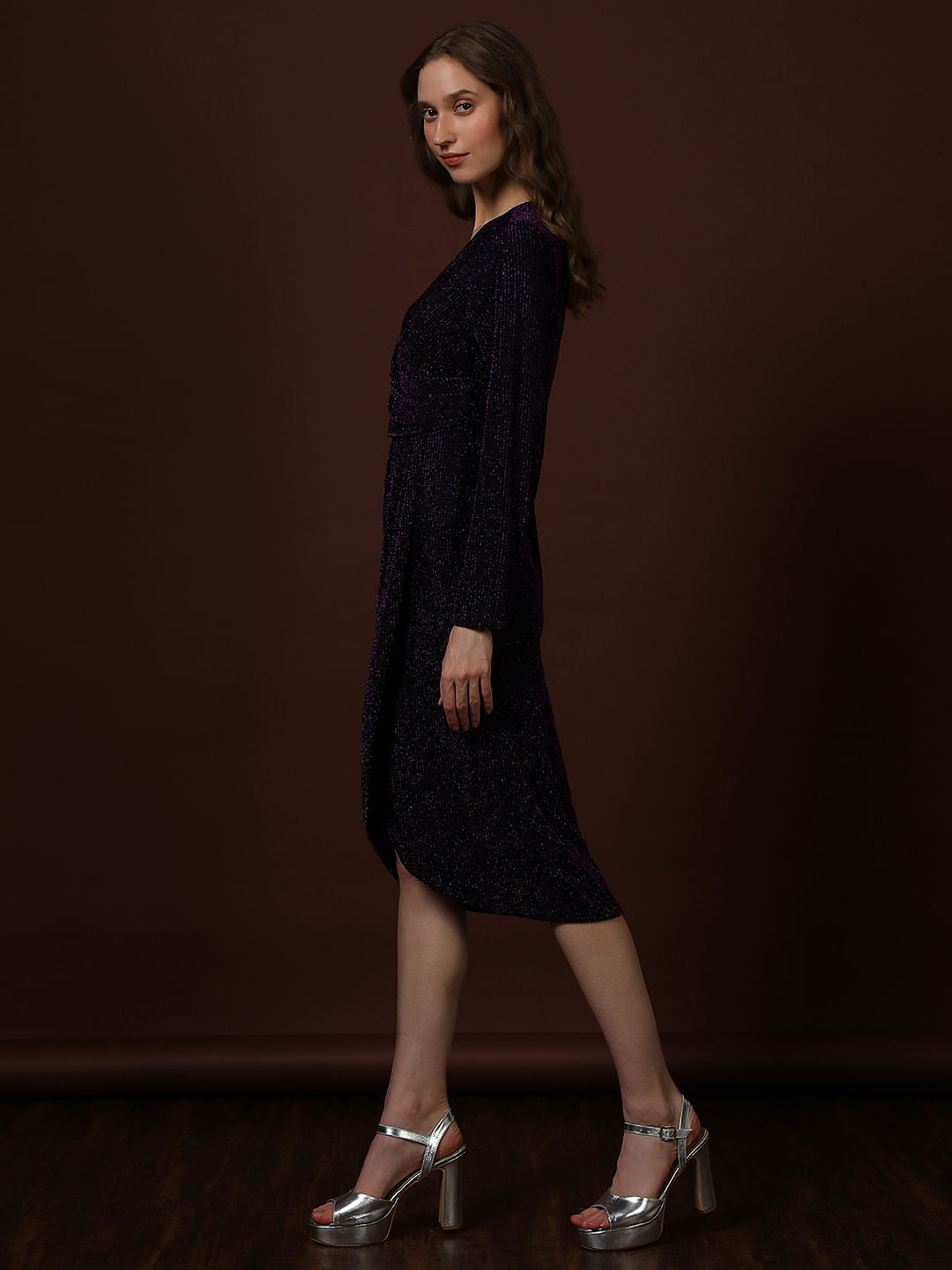 Plum Shimmer Wrap Midi Dress