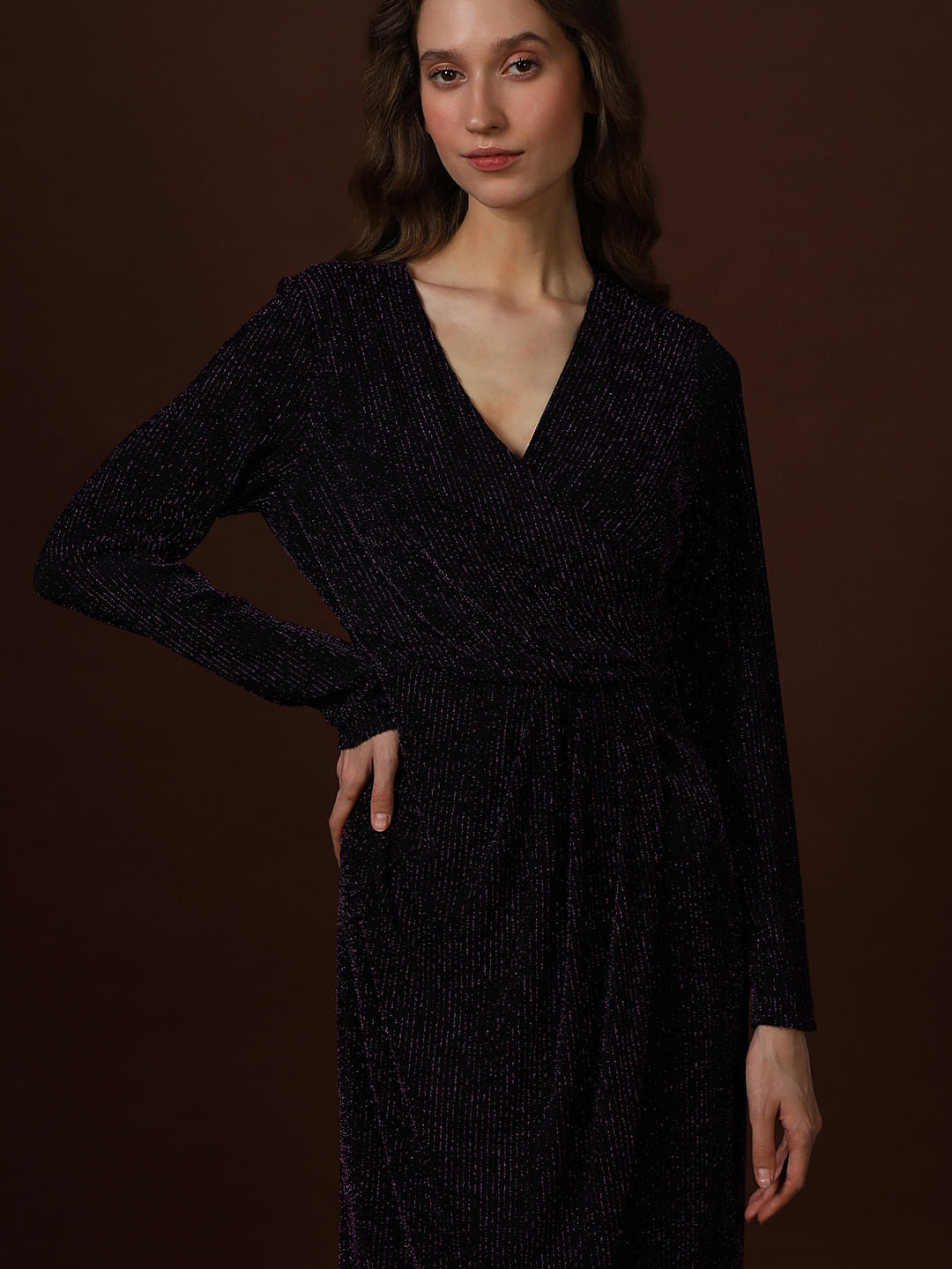 Plum Shimmer Wrap Midi Dress