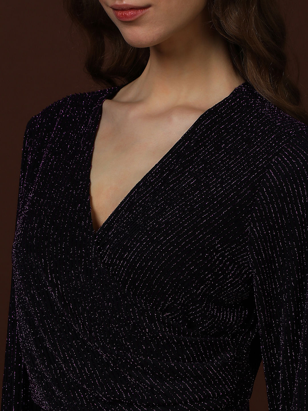 Plum Shimmer Wrap Midi Dress