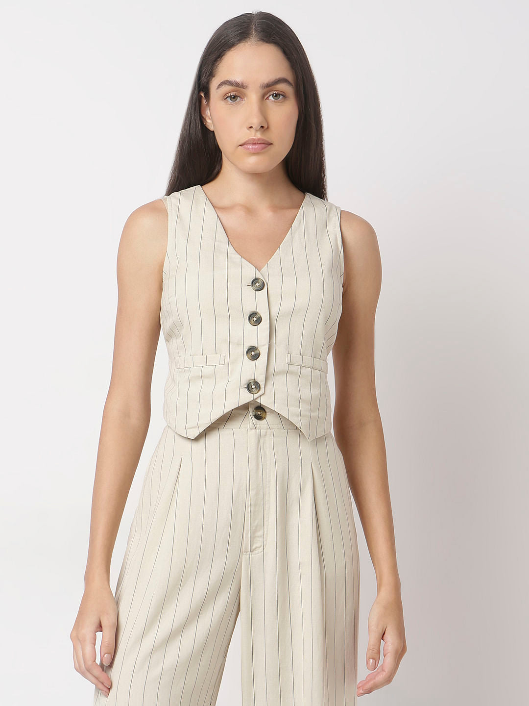 Beige Stripes Linen Waistcoat