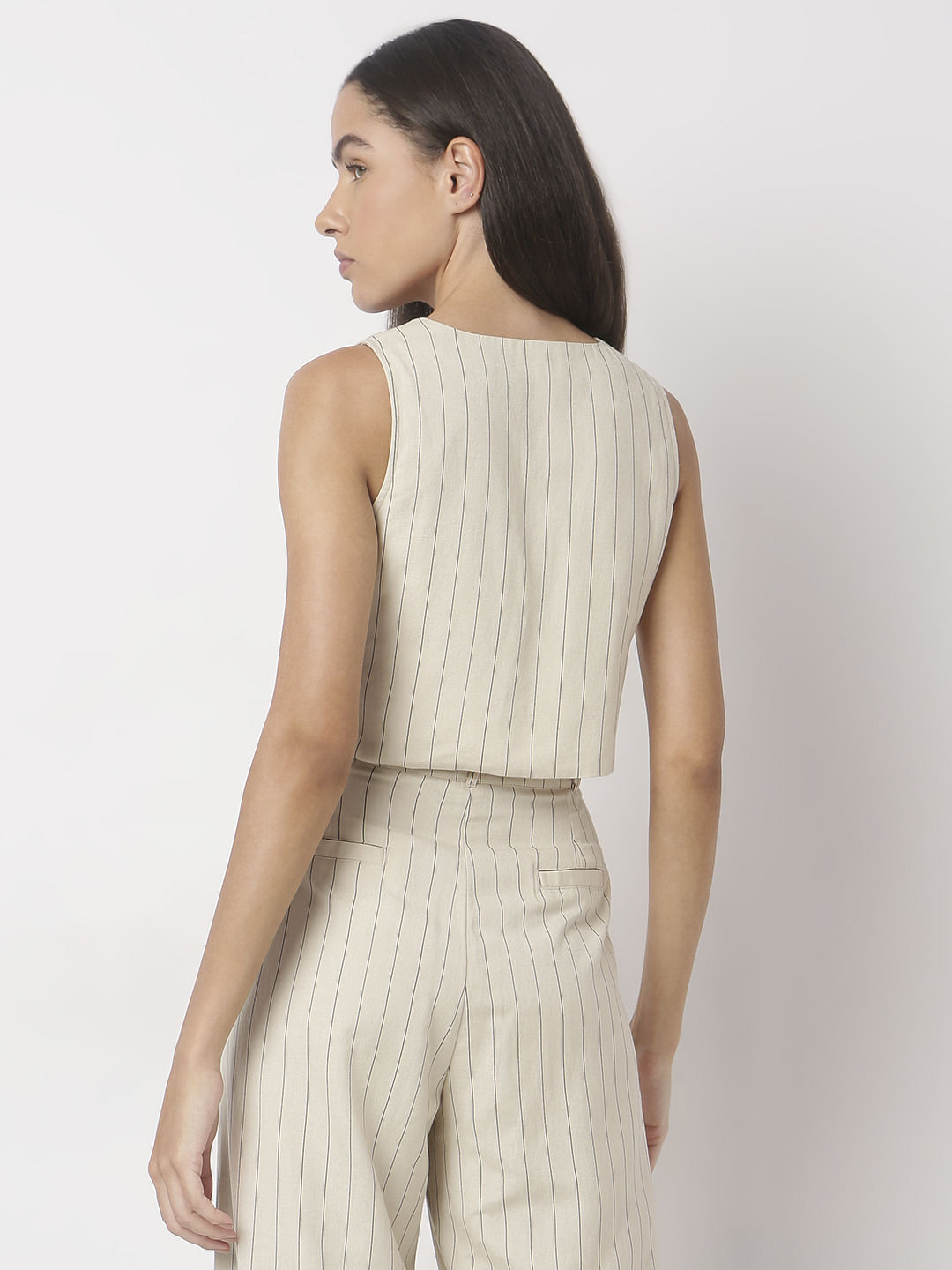 Beige Stripes Linen Waistcoat