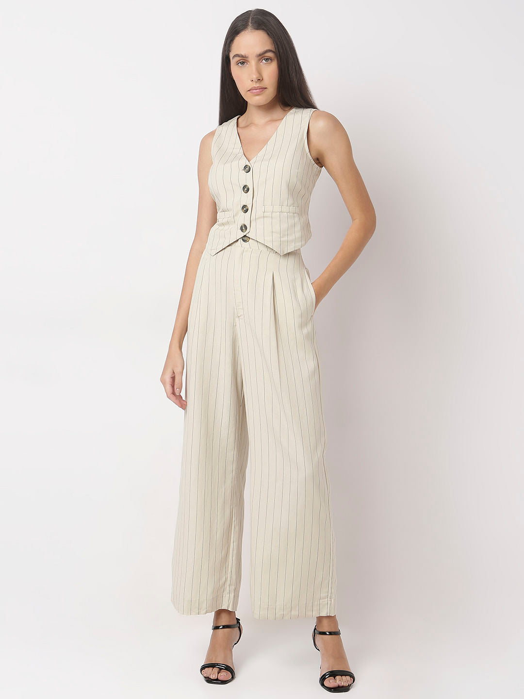 Beige Stripes Linen Waistcoat