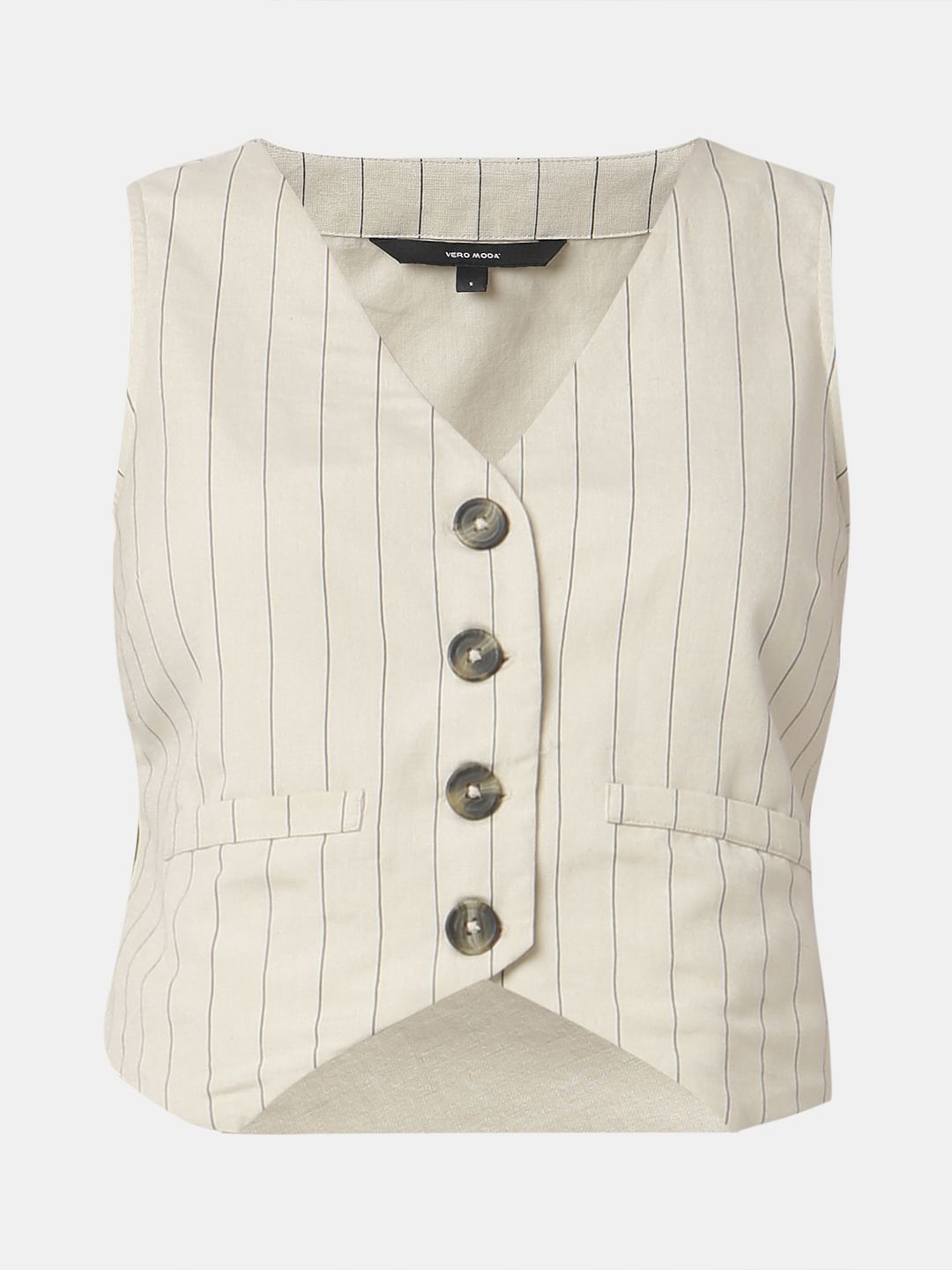 Beige Stripes Linen Waistcoat